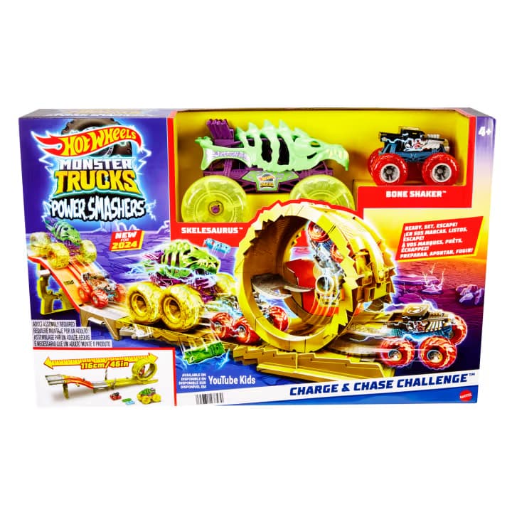 Produktbild Hot Wheels Monster Trucks Track Set mit 2 übergroßen Trucks – Skelesaurus & mehr 2 von 5