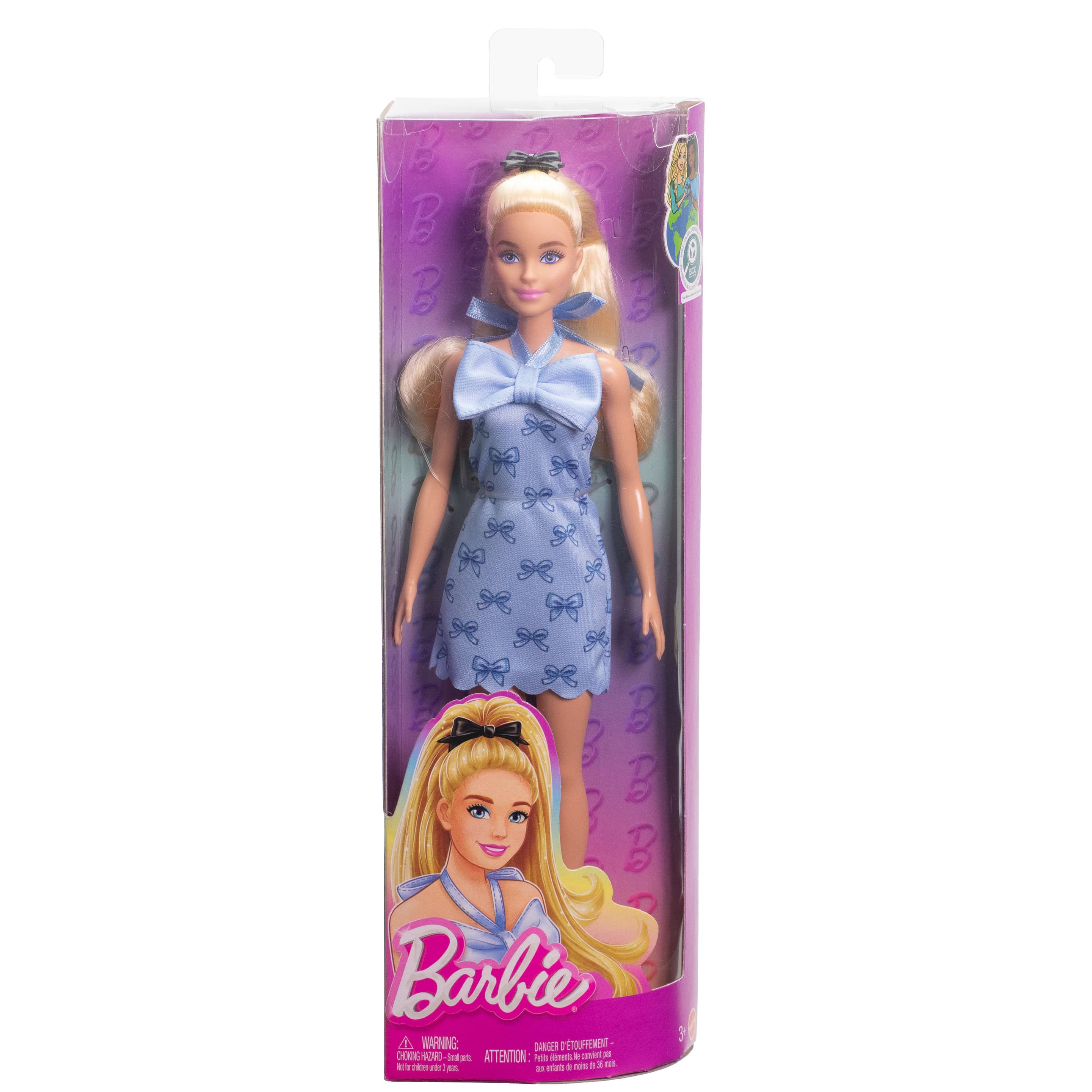 Produktbild Barbie Fashionistas-Puppe Nr. 237 in blauem Neckholderkleid mit Schleife, blondem Haar, das zu einem Zopf gebunden ist 5 von 6