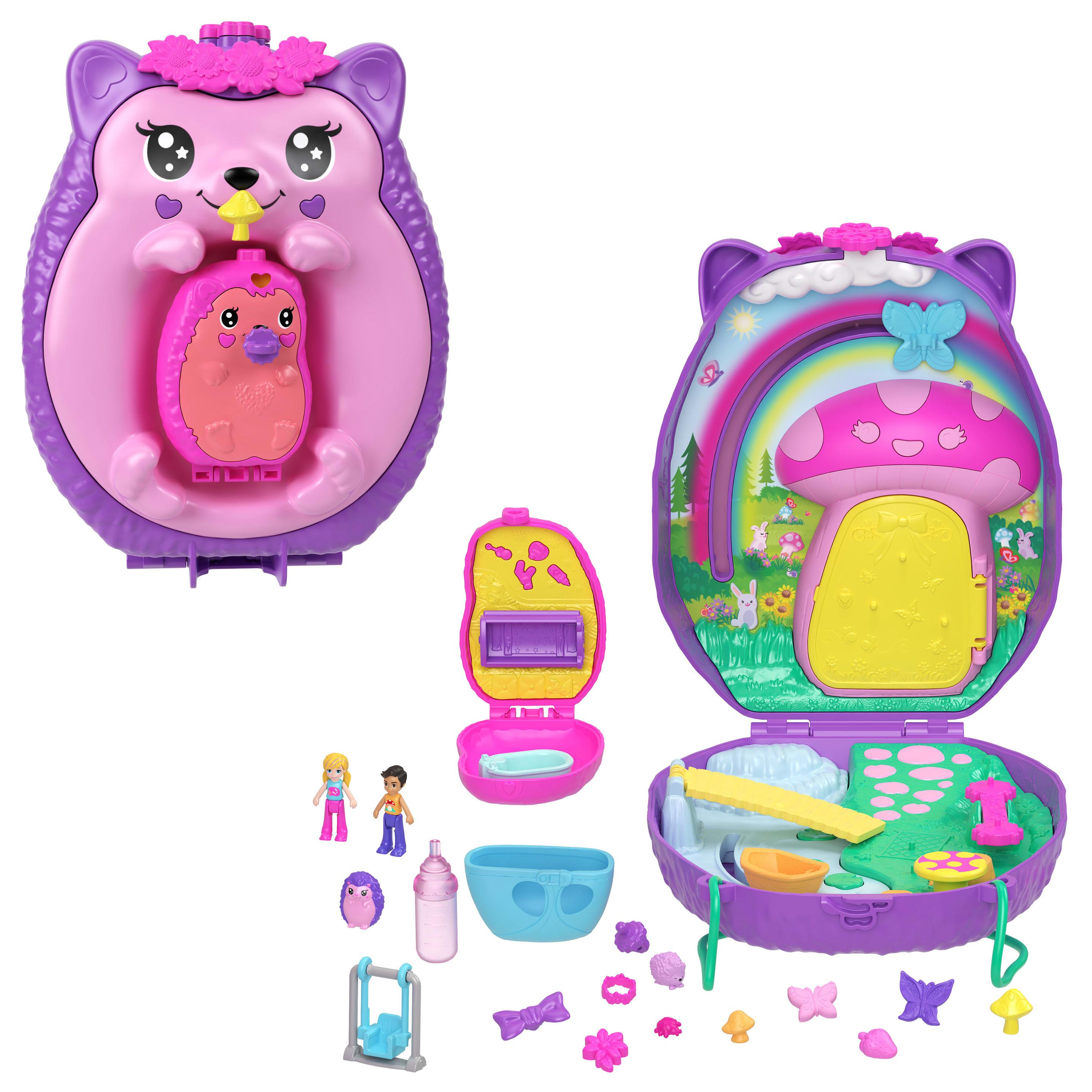 Polly Pocket Mama&Baby Igel Handtaschen-Spielset mit 2 Puppen&16 Accessoires inklusive Haustieren