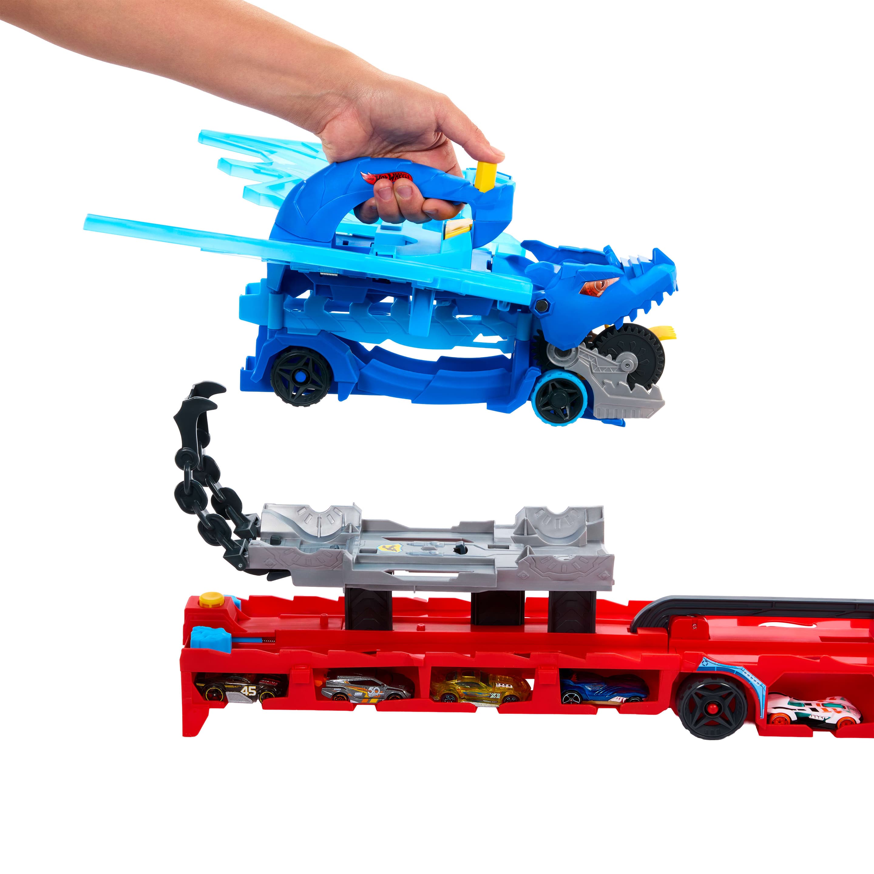 Produktbild Hot Wheels City Hot Wheels ultimativer 2-in-1 Drachentransporter und 2 Spielzeugautos im Maßstab 1:64 5 von 6