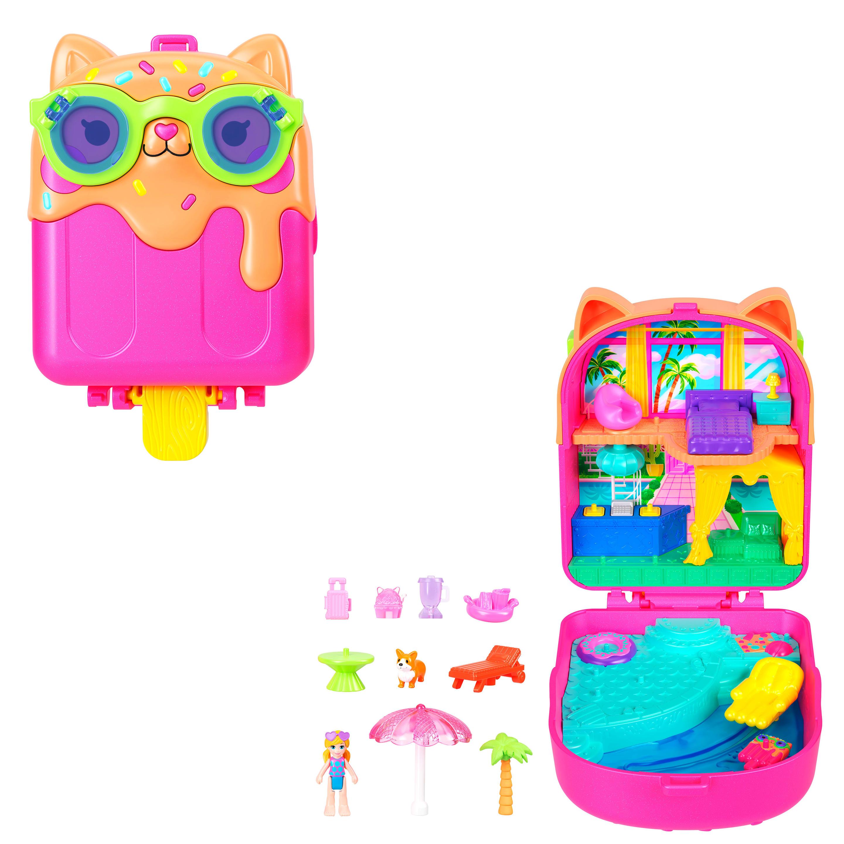 Polly Pocket Eiskätzchen-Schatulle, Spielset mit 1 Minipuppe und Hündchen, Reisespielzeug mit passendem Zubehör