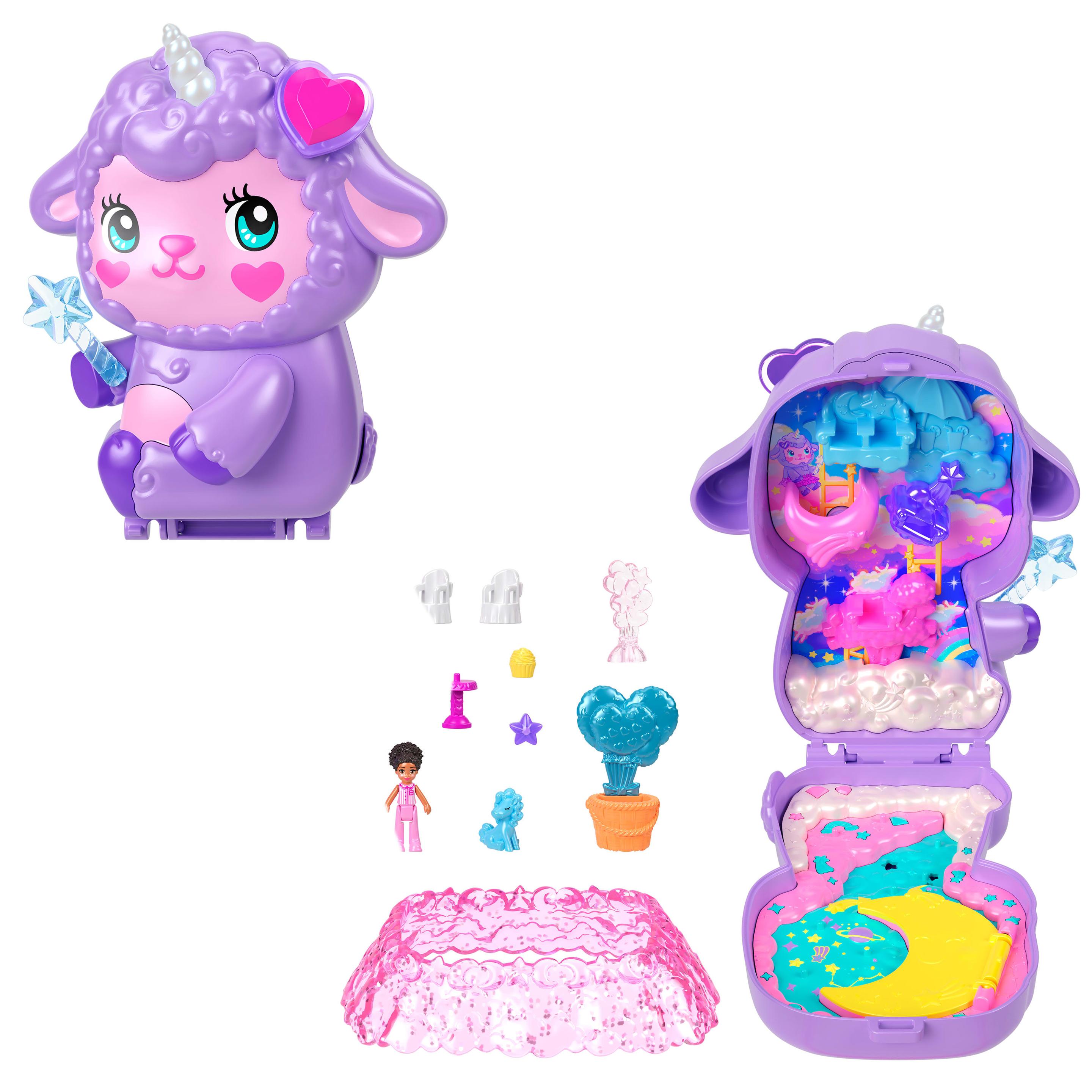 Polly Pocket Lämmchen Schatulle, Reisespielzeug mit Futter- und Stylingzubehör