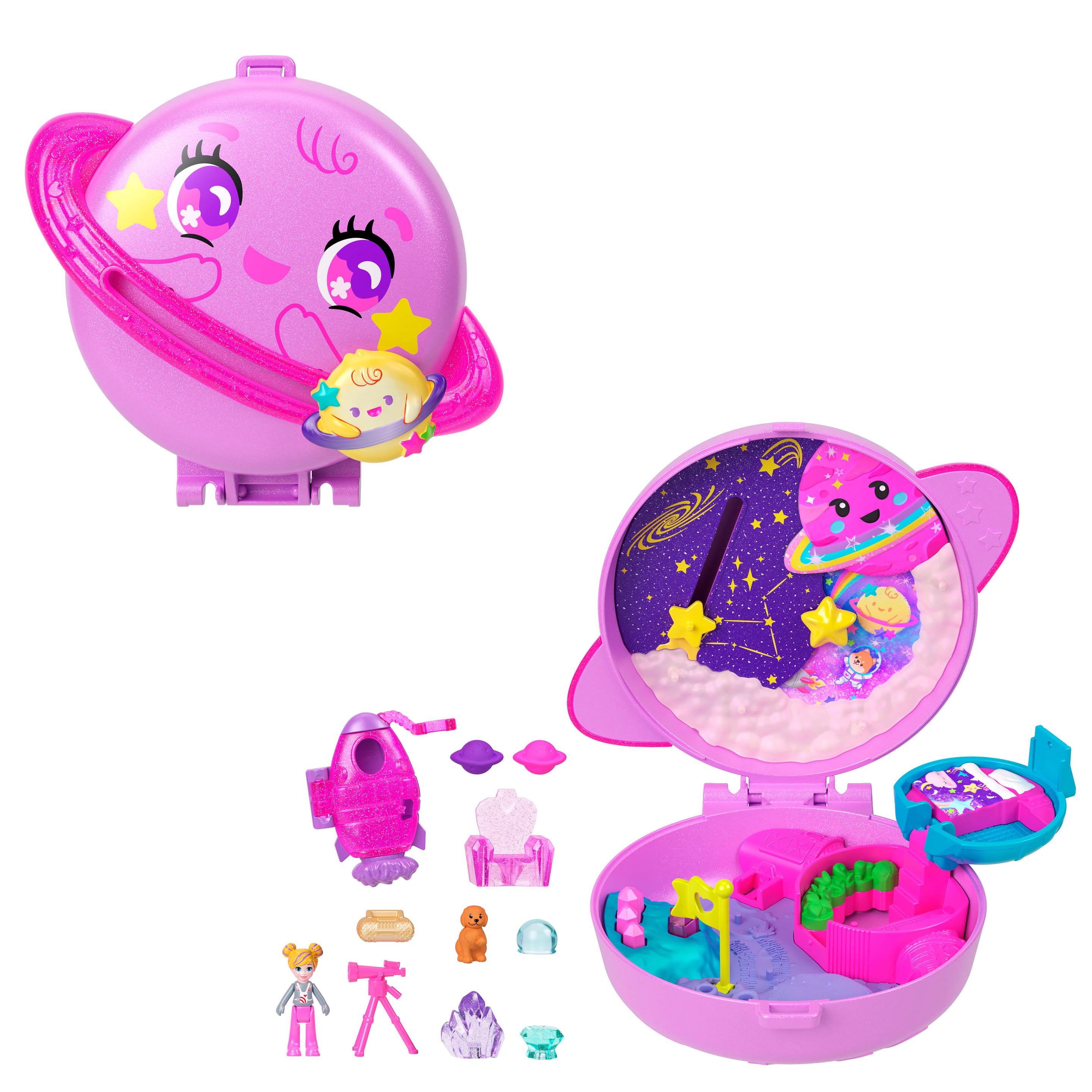 Polly Pocket Planet Polly-Schatulle, Spielset mit 1 Minipuppe und Hündchen, Reisespielzeug mit passendem Zubehör