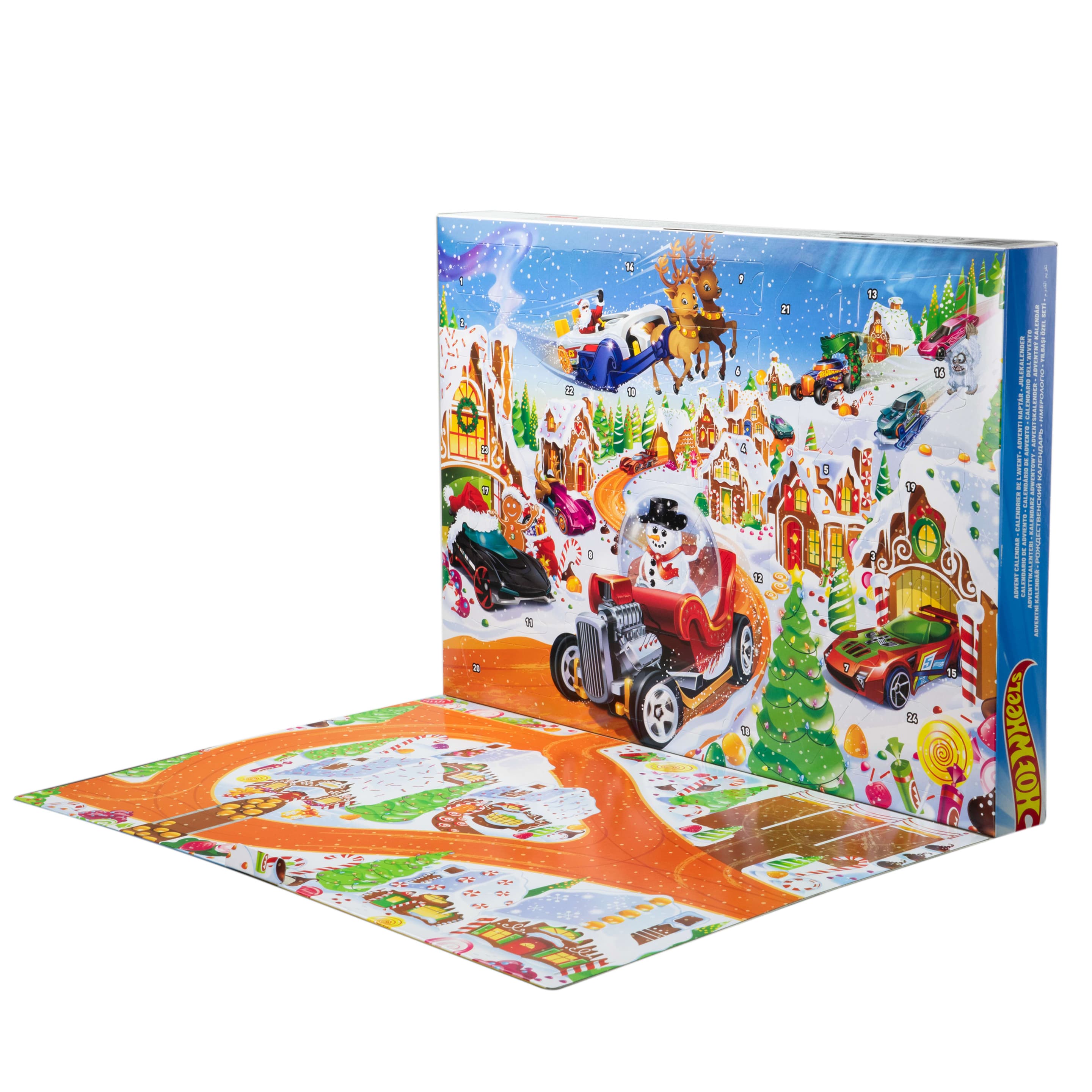 Hot Wheels Adventskalender 2025 mit 10 Spielzeugfahrzeugen im Maßstab 1:64 und 24 Zubehörteilen