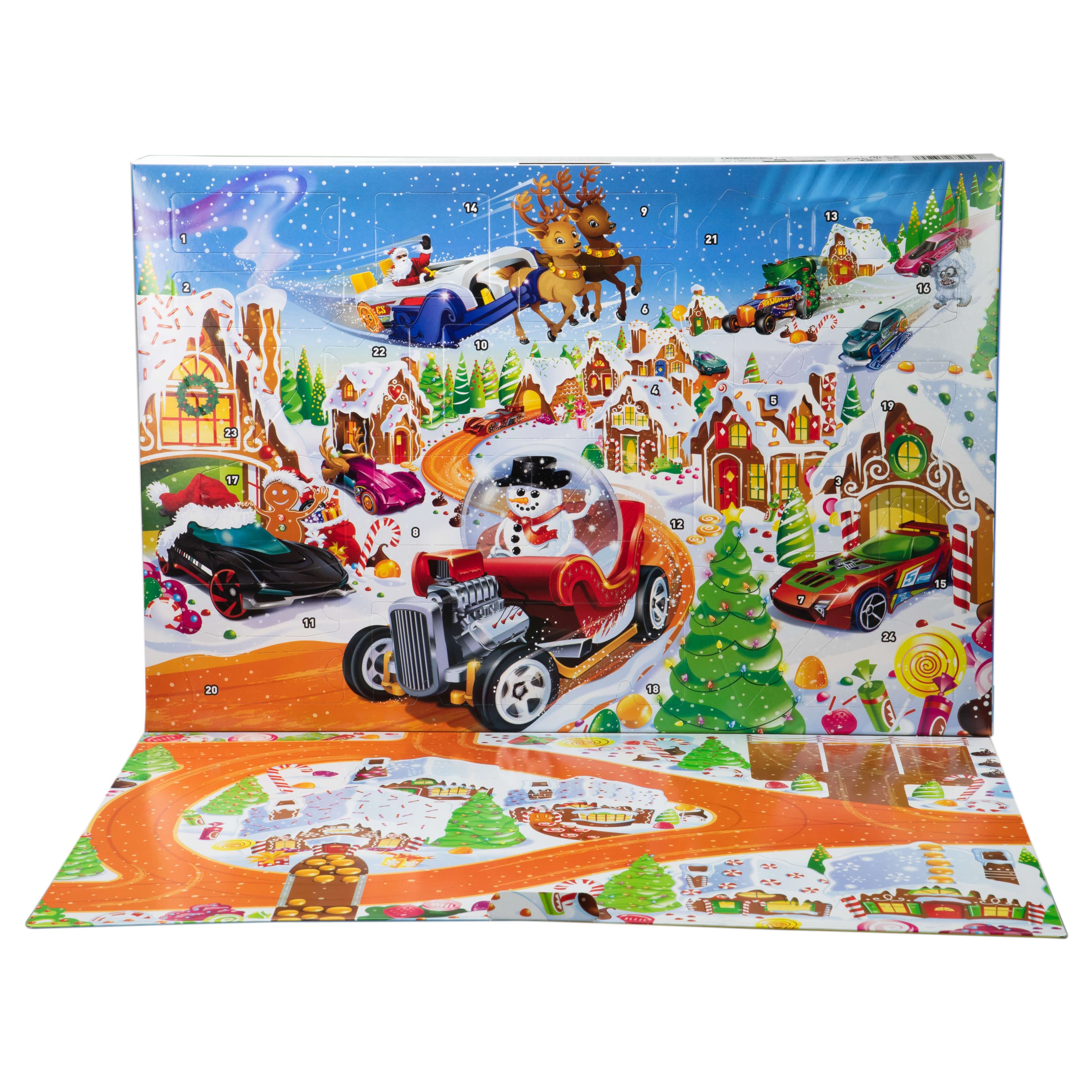 Produktbild Hot Wheels Adventskalender 2025 mit 10 Spielzeugfahrzeugen im Maßstab 1:64 und 24 Zubehörteilen 4 von 6