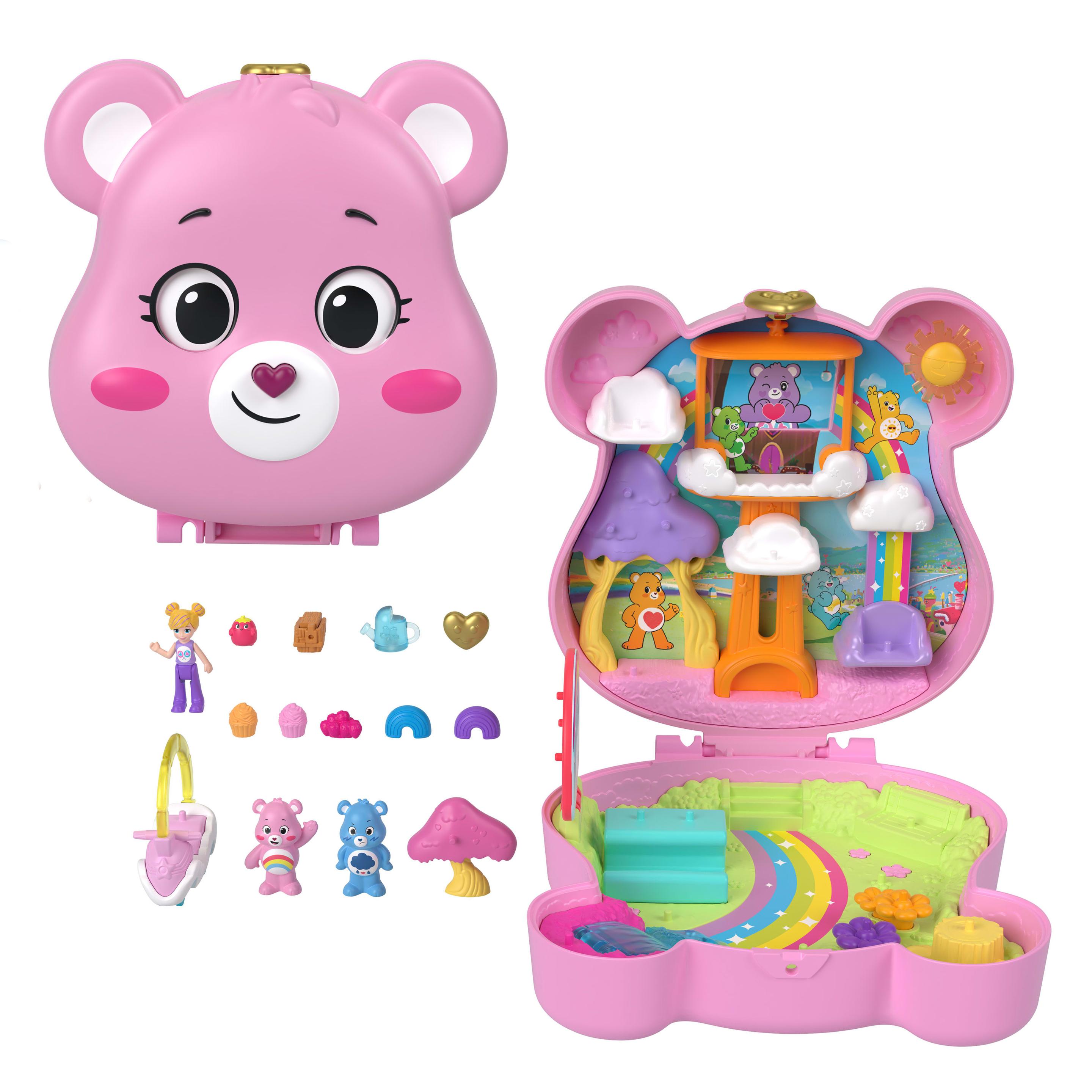 Polly Pocket x Glücksbärchi Puppen&Spielset mit Spielzeugauto und thematischen Accessoires, Reisespielzeug-Schatulle