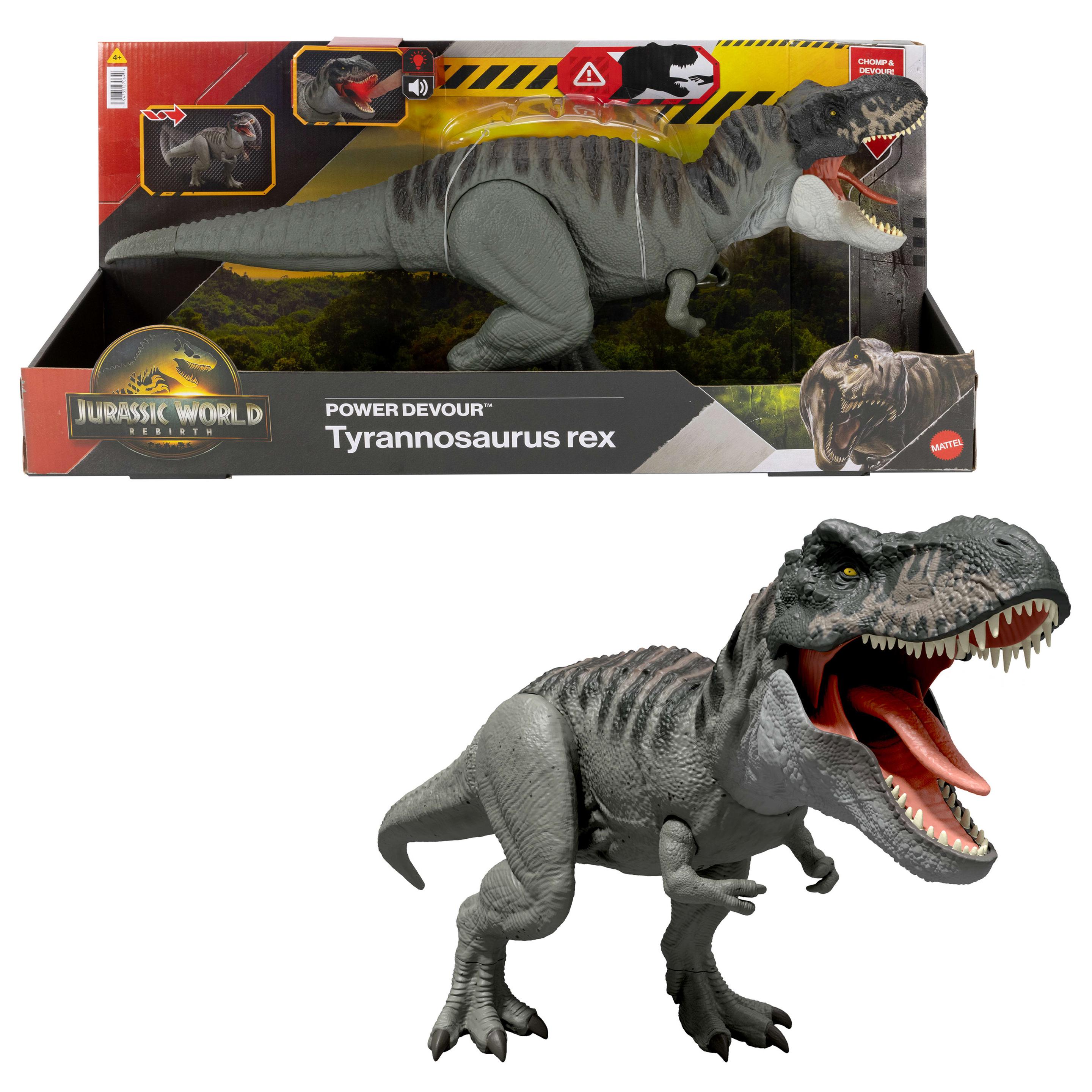 Jurassic World Rebirth Power Devour Tyrannosaurus Rex-Dinosaurierfigur, Dauer-Beiß-Attacke, Lichter und Geräusche
