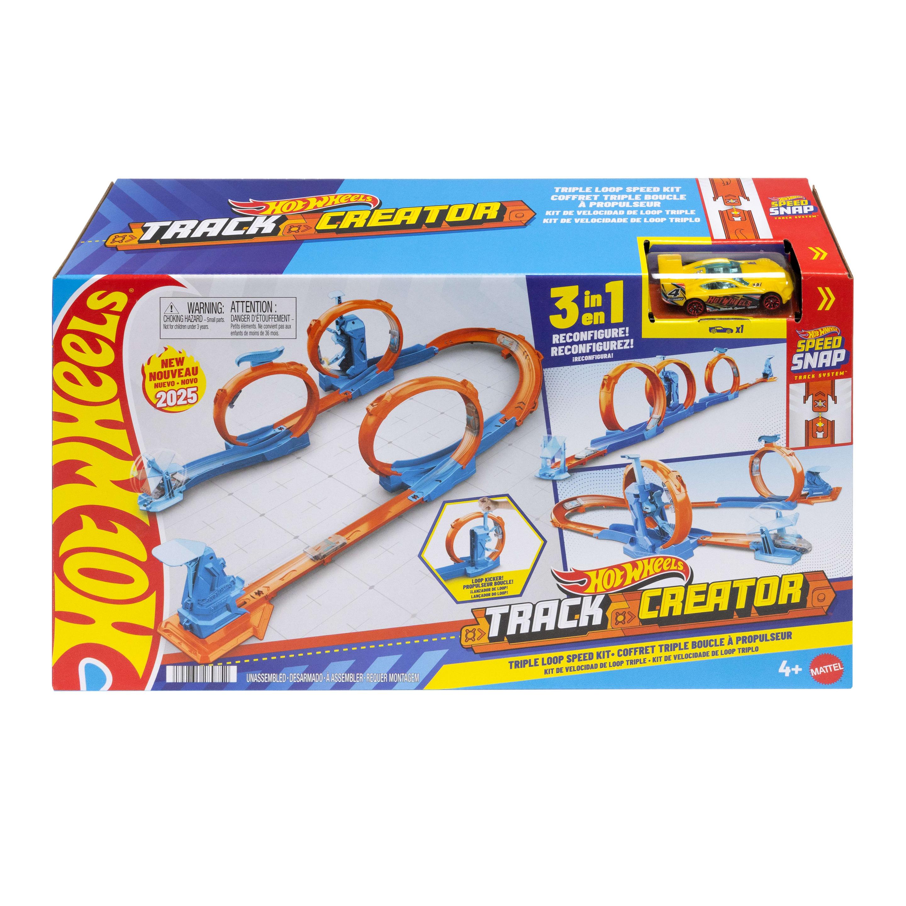 Hot Wheels Track Creator Dreifach-Looping-Pack und Spielzeugauto im Maßstab 1:64, Trackbauset