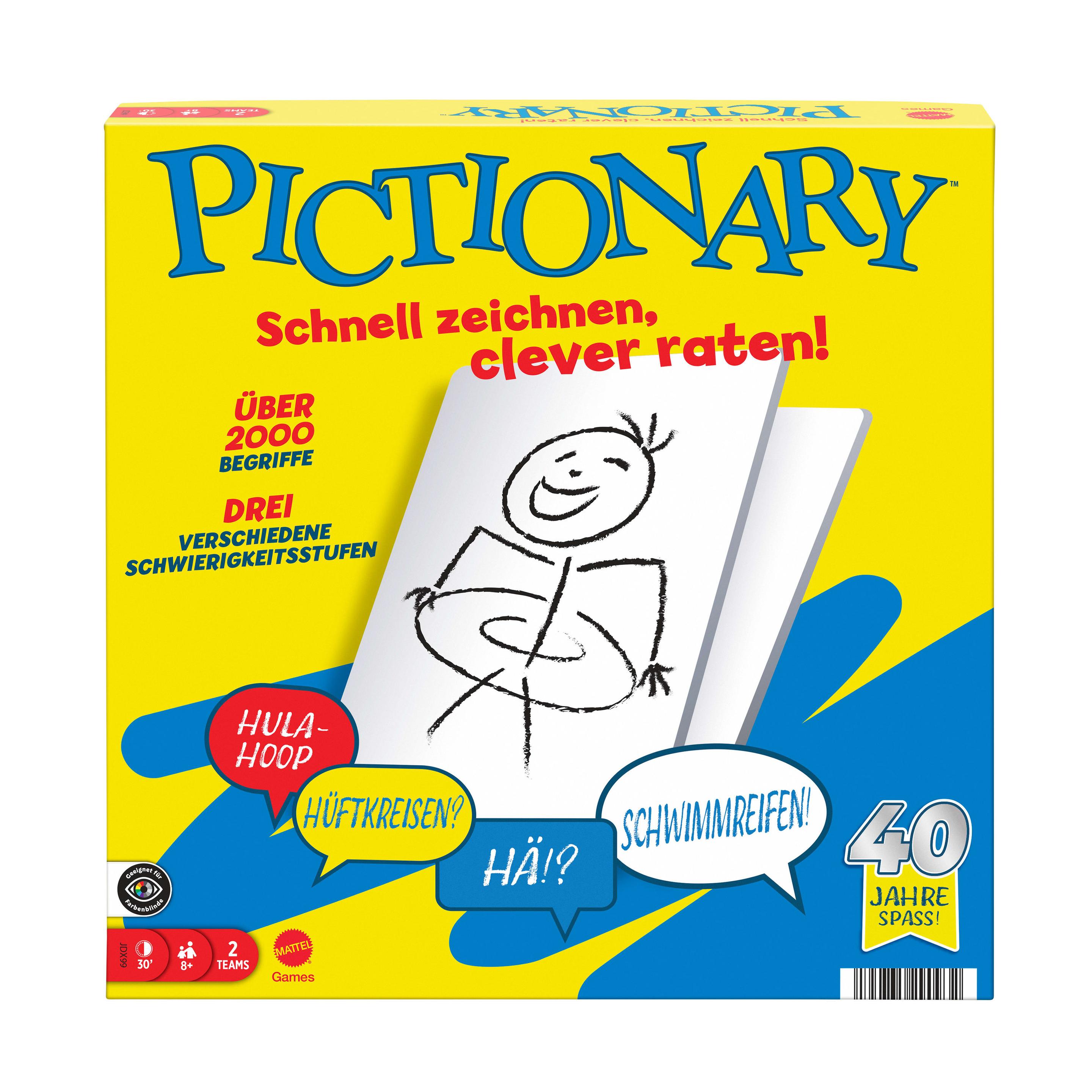 Pictionary Familienbrettspiel für Kinder und Erwachsene und Spieleabende mit abwischbaren Maltafeln und Stiften