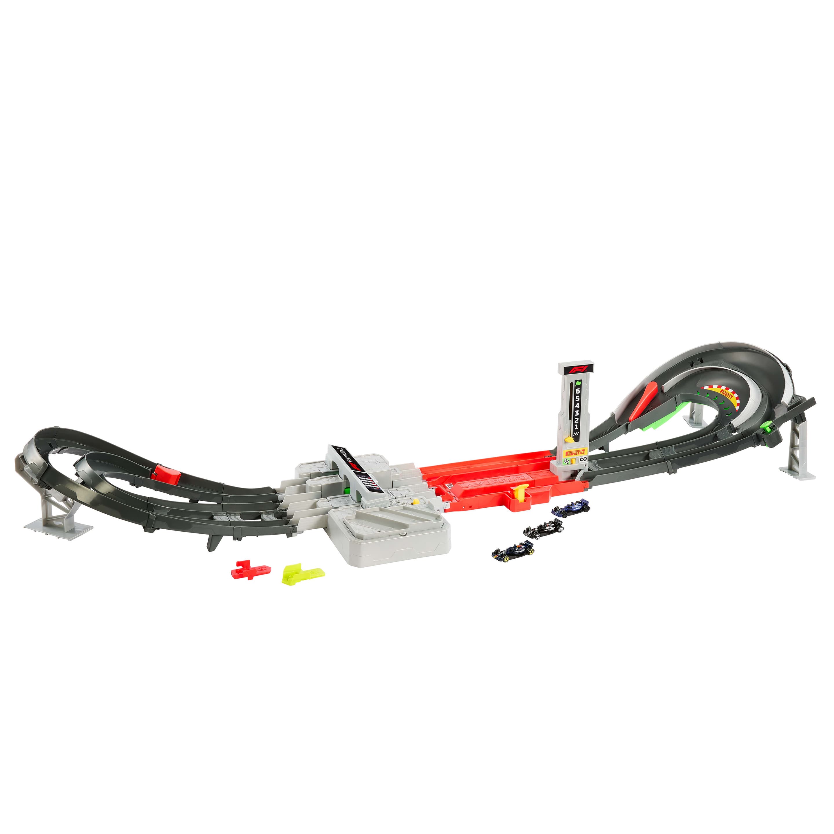 Hot Wheels Race Formel 1® Grand Prix-Rennstrecke-Trackset mit 3 Die-Cast-Spielzeugautos im Maßstab 1:64