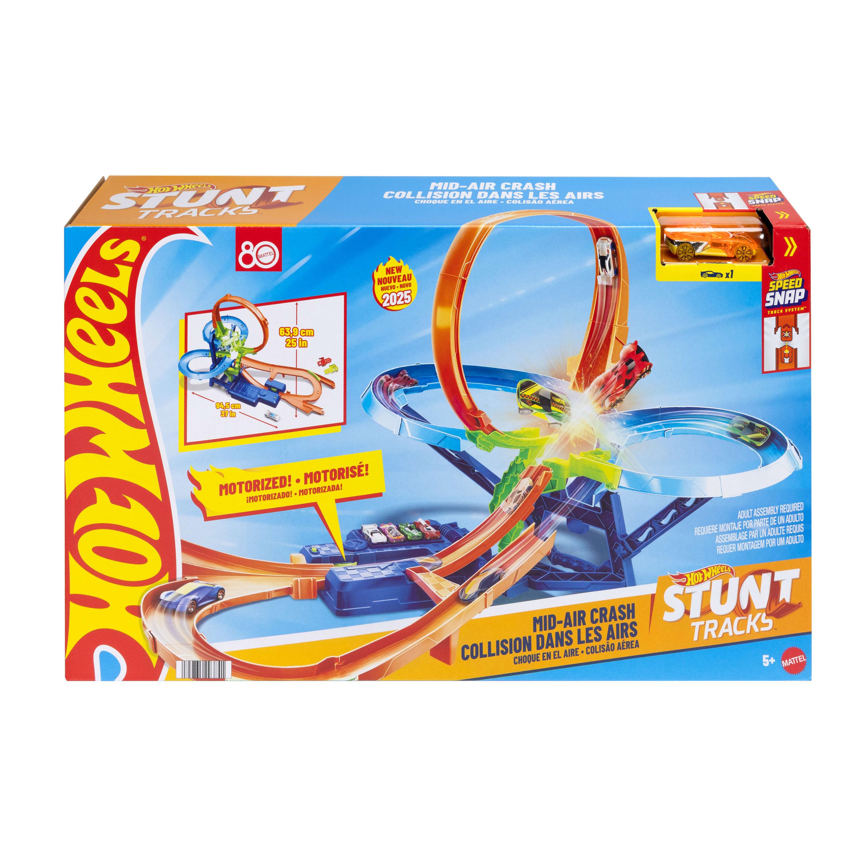 Hot Wheels Stunttrack Unendliche Crash-Action Spielset mit Die-Cast-Spielzeugauto im Maßstab 1:64 und batteriebetriebenem Beschleuniger
