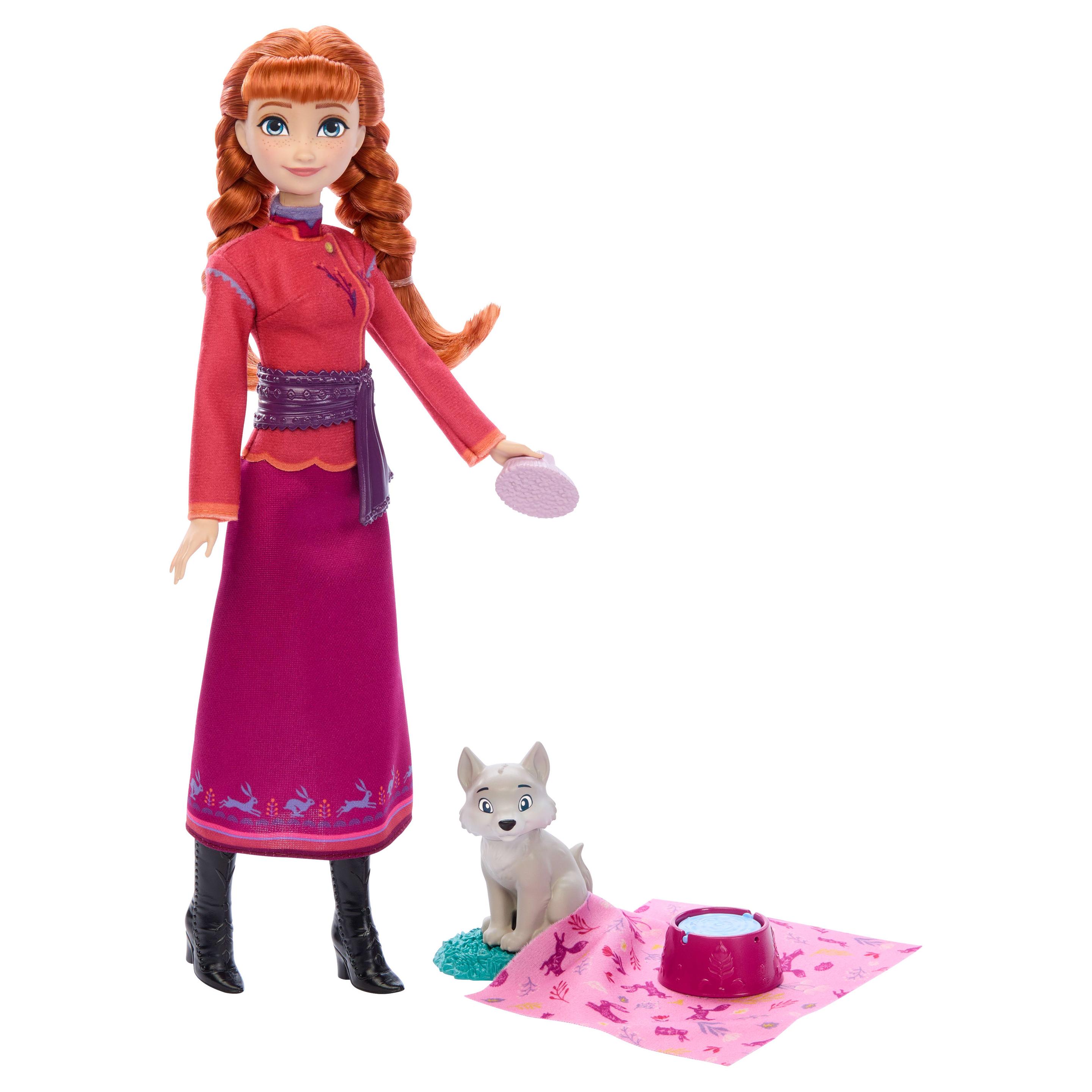 Disney Die Eiskönigin Anna-Modepuppe und Wolfsjunges-Figur mit 4 Pflegezubehörteilen, vom Film inspiriert