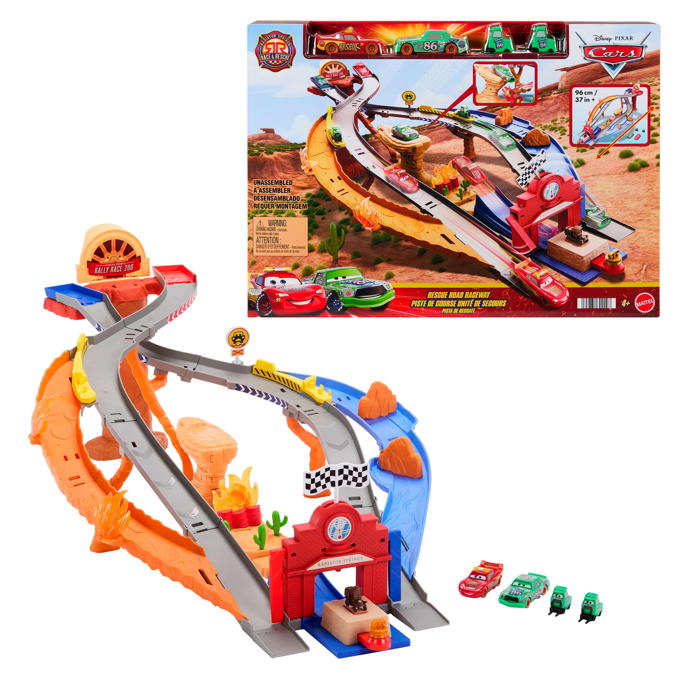 Disney Pixar Cars Radiator Springs Rennen & Retten Rettungsweg-Rennstrecke Spielset mit 4 Spielzeugautos