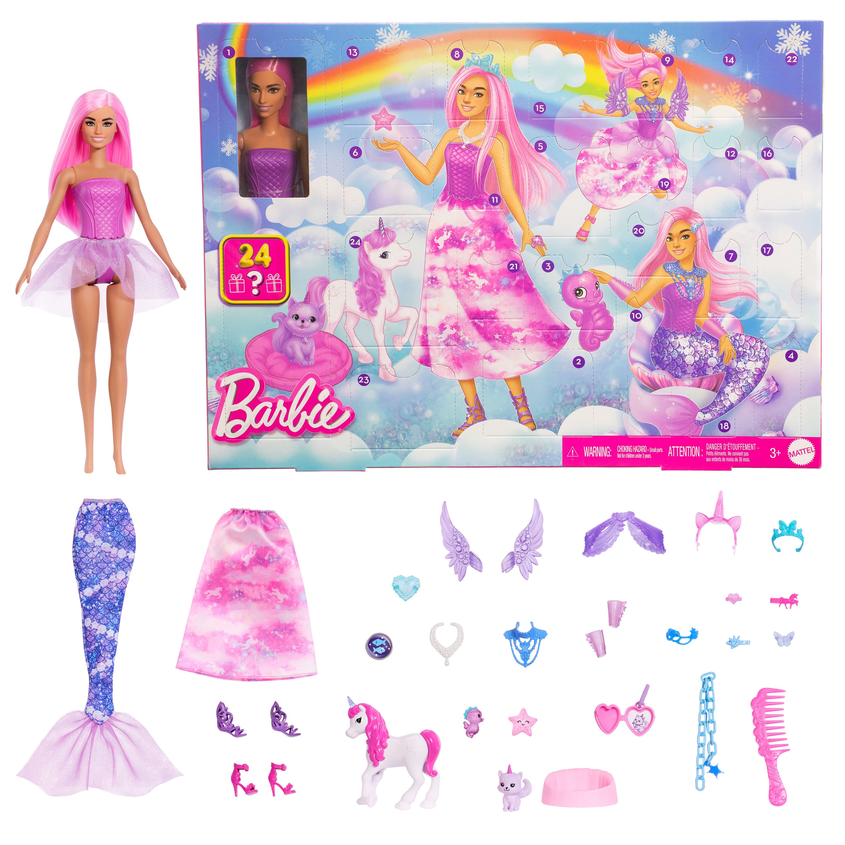 Barbie-Adventskalender mit Modepuppe und 24 Überraschungs-Accessoires mit Einhorn und Tieren