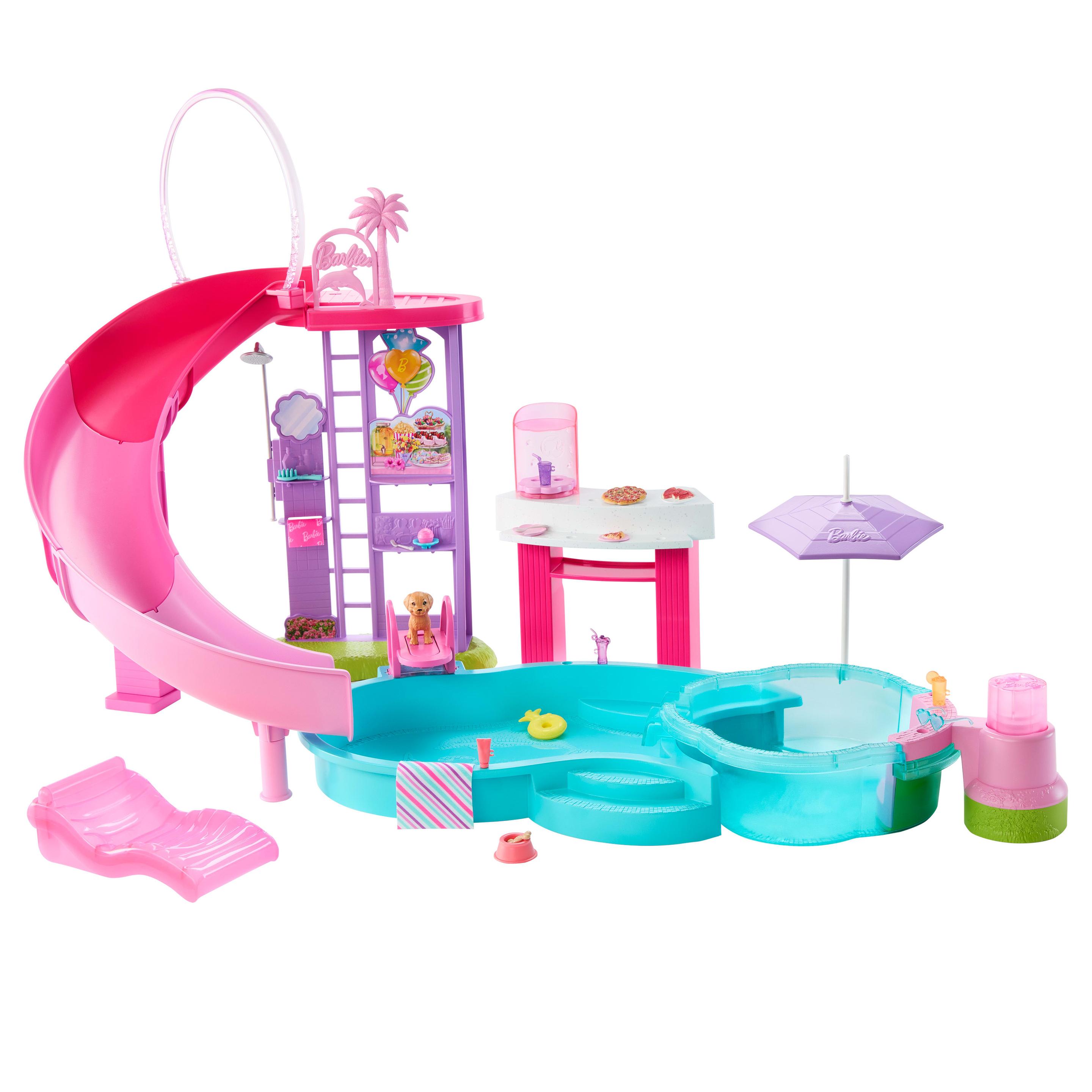 Barbie Traumpool Spielset mit Rutsche und schäumendem Whirlpool sowie über 20 Zubehörteilen wie Haustier, Schwimmringe und mehr