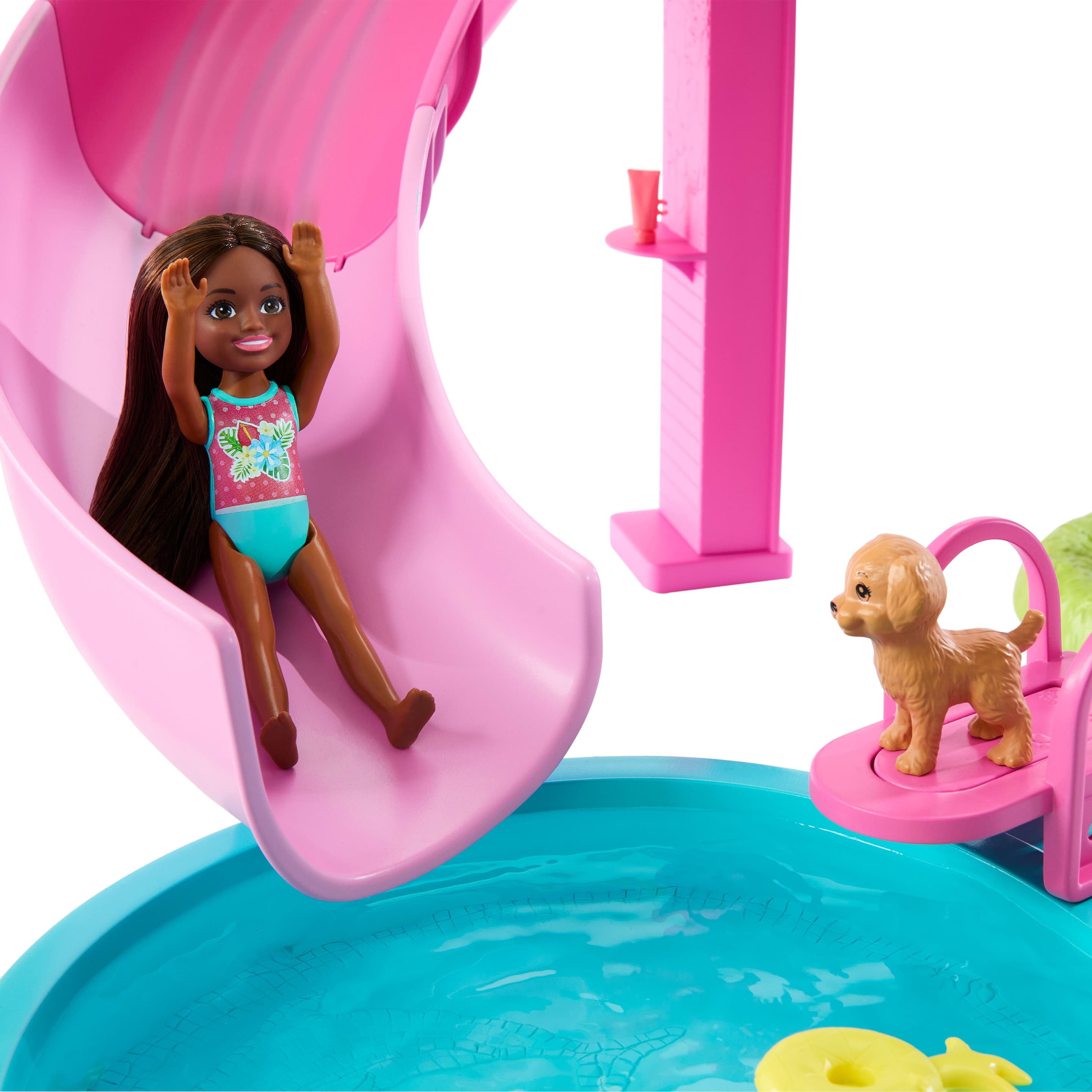 Produktbild Barbie Traumpool Spielset mit Rutsche und schäumendem Whirlpool sowie über 20 Zubehörteilen wie Haustier, Schwimmringe und mehr 3 von 6