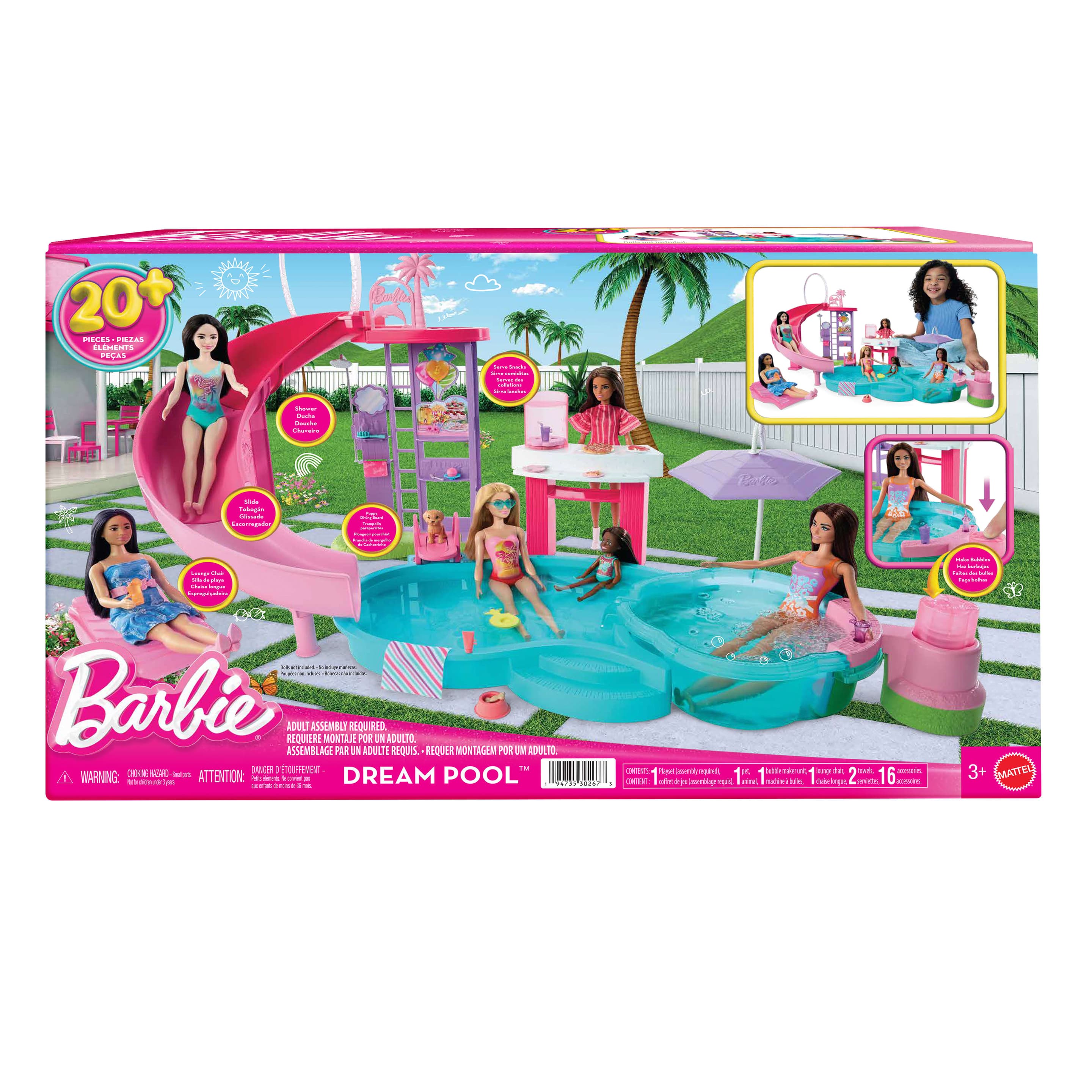 Produktbild Barbie Traumpool Spielset mit Rutsche und schäumendem Whirlpool sowie über 20 Zubehörteilen wie Haustier, Schwimmringe und mehr 2 von 6