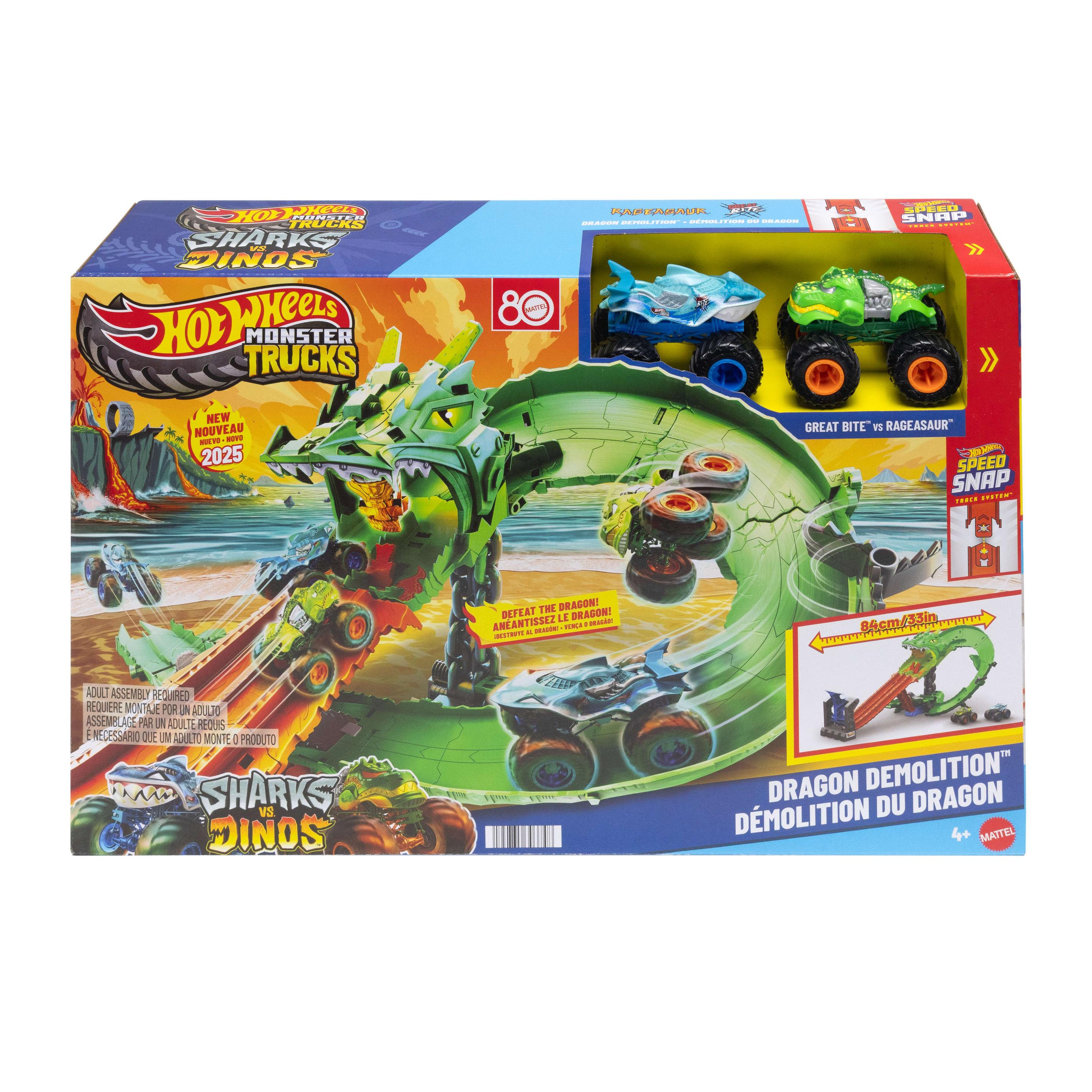 Hot Wheels Monster Trucks Sharks vs. Dinos Drachenzerstörungs-Spielset und 2 Spielzeugtrucks