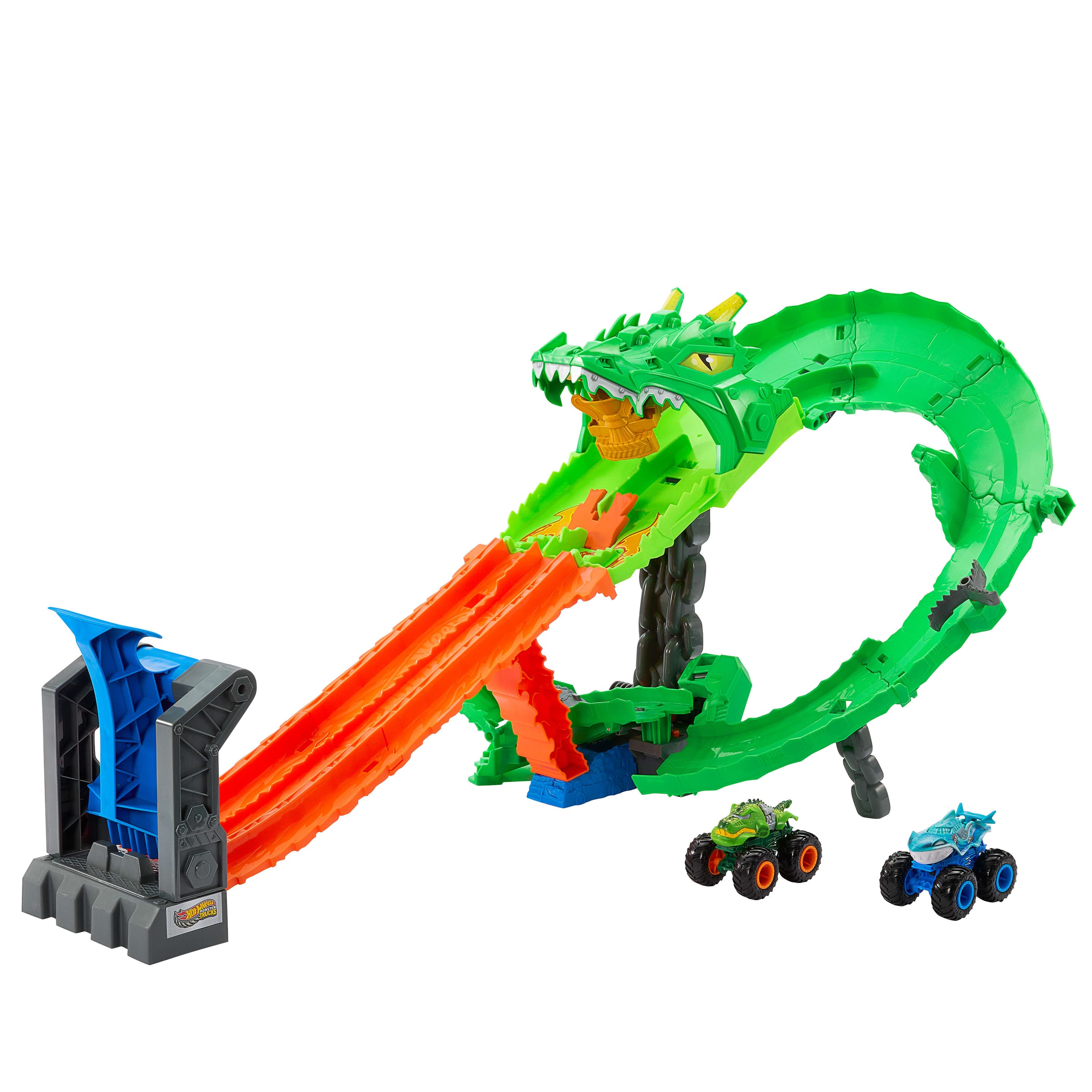 Produktbild Hot Wheels Monster Trucks Sharks vs. Dinos Drachenzerstörungs-Spielset und 2 Spielzeugtrucks 5 von 6
