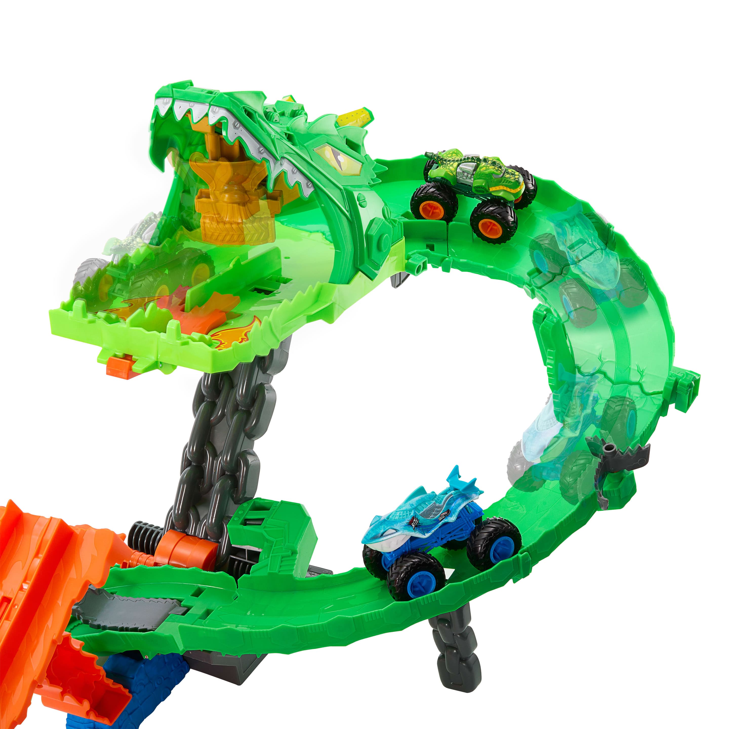 Produktbild Hot Wheels Monster Trucks Sharks vs. Dinos Drachenzerstörungs-Spielset und 2 Spielzeugtrucks 4 von 6