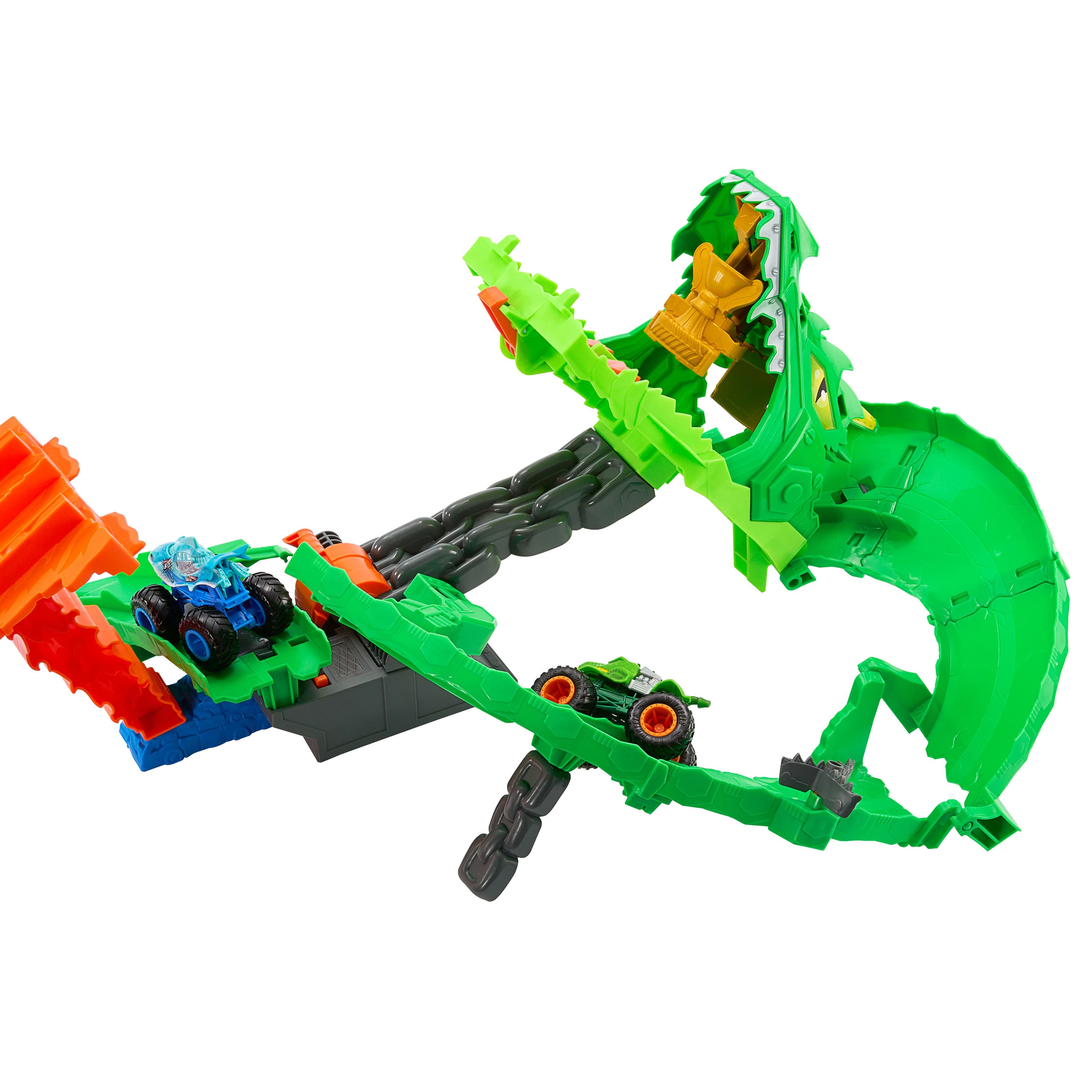 Produktbild Hot Wheels Monster Trucks Sharks vs. Dinos Drachenzerstörungs-Spielset und 2 Spielzeugtrucks 3 von 6