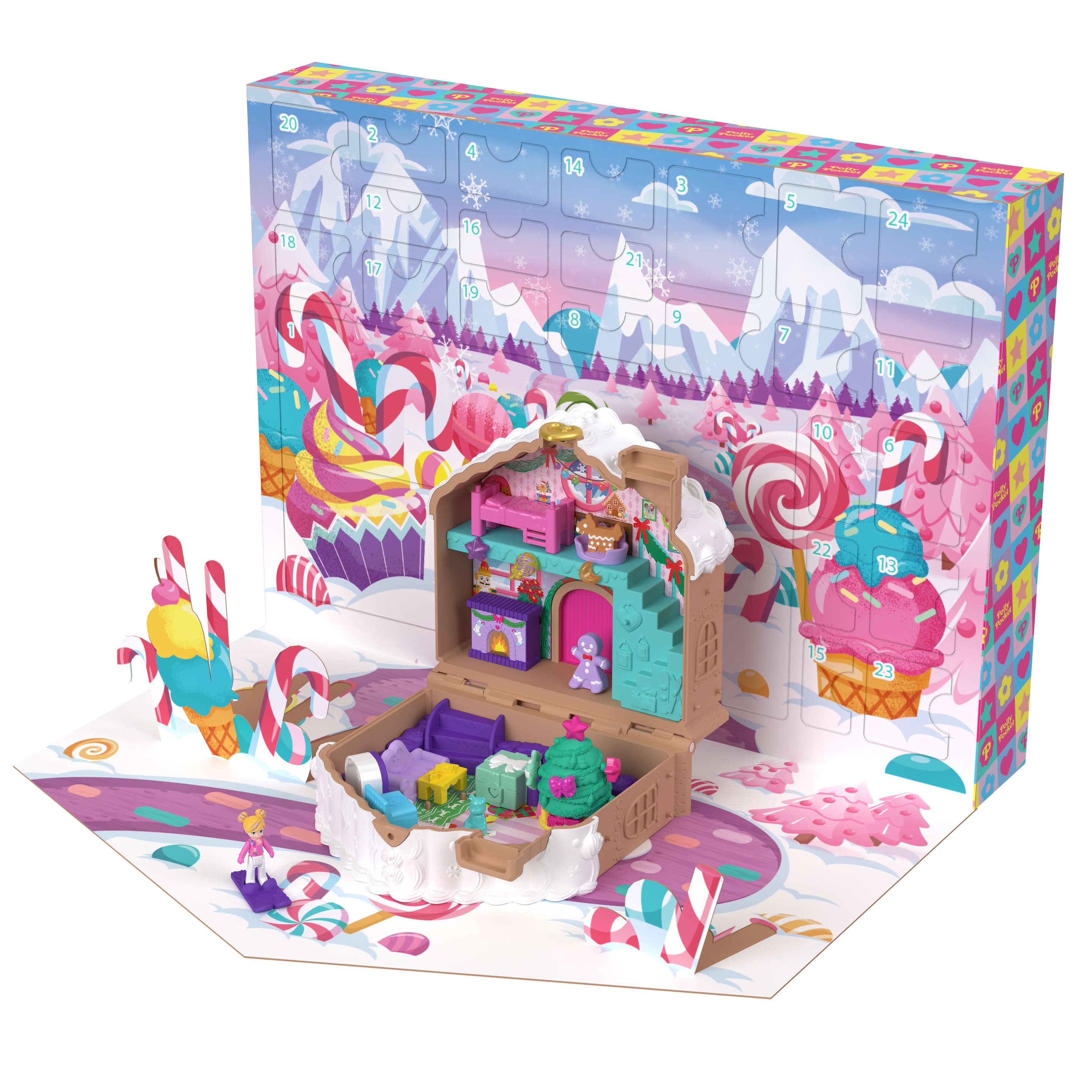 Adventskalender-Spielset mit Polly Pocket-Puppe, DIY-Lebkuchenhaus mit Puppenhausmöbeln und 24 Teilen Weihnachtszubehör