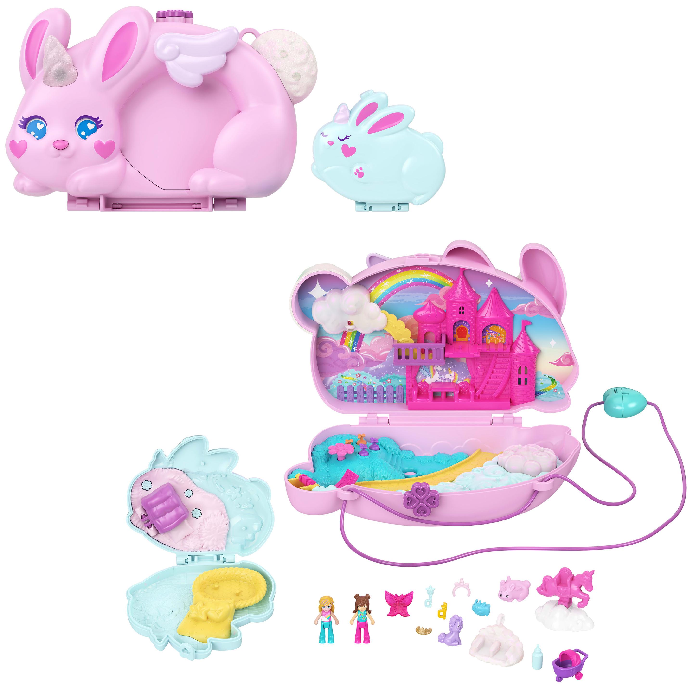 Polly Pocket 2-in-1-Bunny Fun Schatulle, tragbares Taschen-Spielset mit 2 Puppen und 12 Zubehörteilen inklusive Tieren