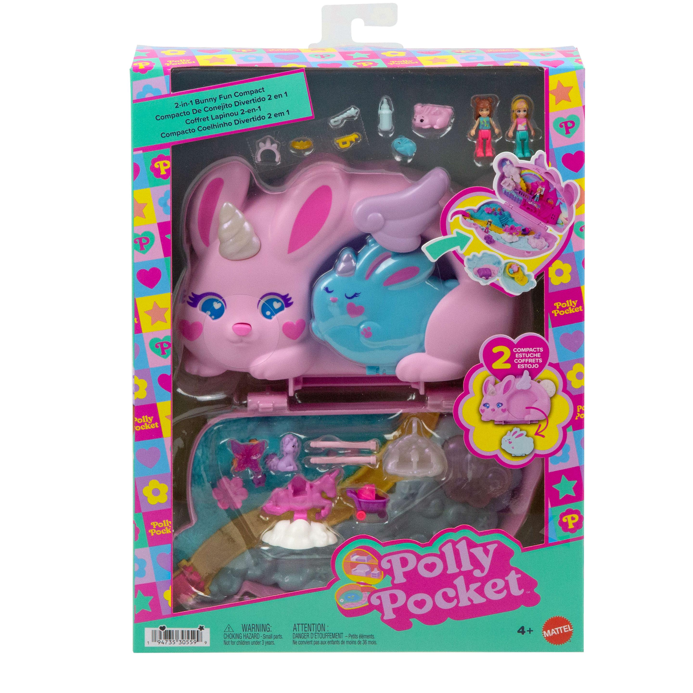 Produktbild Polly Pocket 2-in-1-Bunny Fun Schatulle, tragbares Taschen-Spielset mit 2 Puppen und 12 Zubehörteilen inklusive Tieren 4 von 6