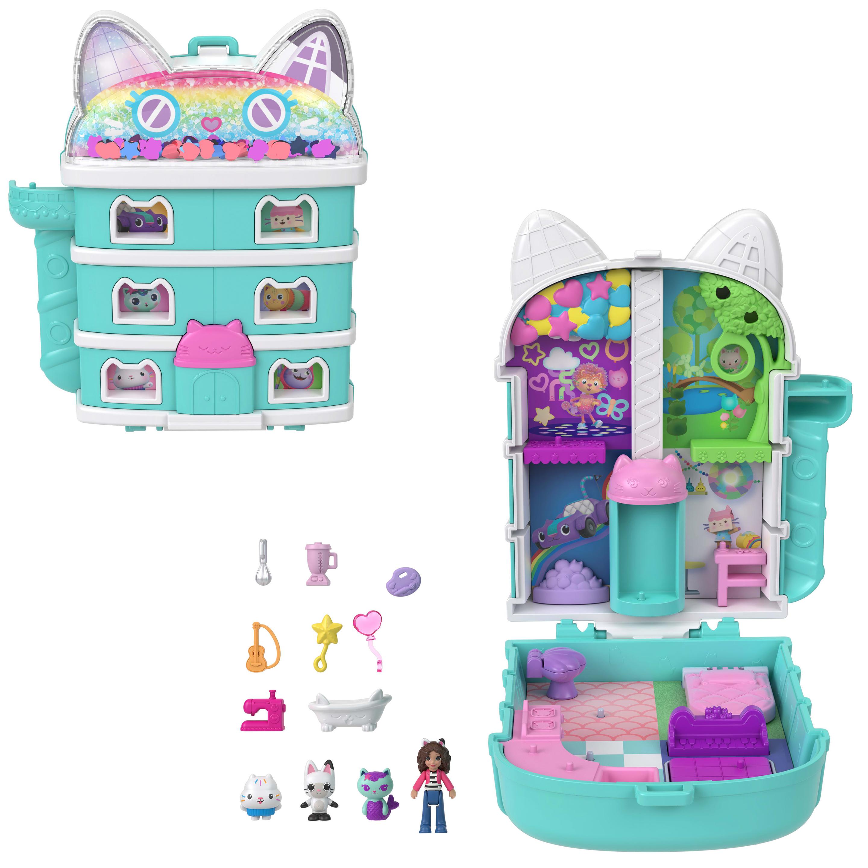 Polly Pocket Minipuppen und Spielset, Schatulle von Gabby’s Dollhouse mit 9 Zubehörteilen und Katzenfreunden