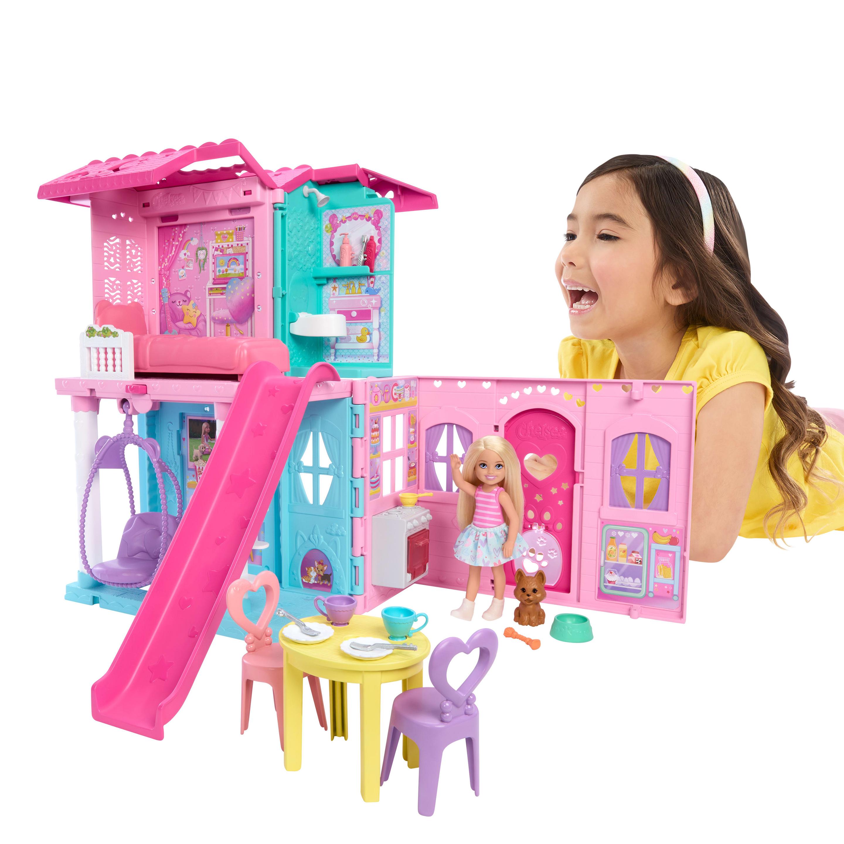 Barbie Chelsea Pop-up-Puppenhaus mit Puppe und über 15 Accessoires, Haus erweitert sich auf über 42 x 33 cm