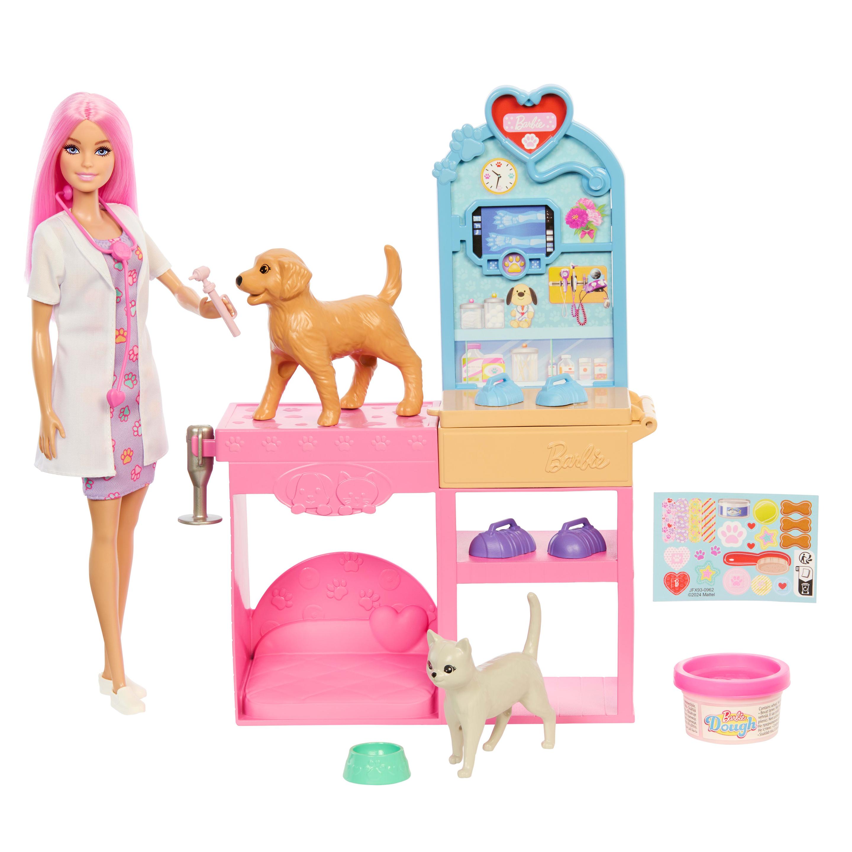 Barbie Gute Besserung“ Tierkrankenstation-Spielset aus Modepuppe mit rosa gefärbten Haaren, Tierarzt-Möbeln und mehr als 10 Zubehörteilen
