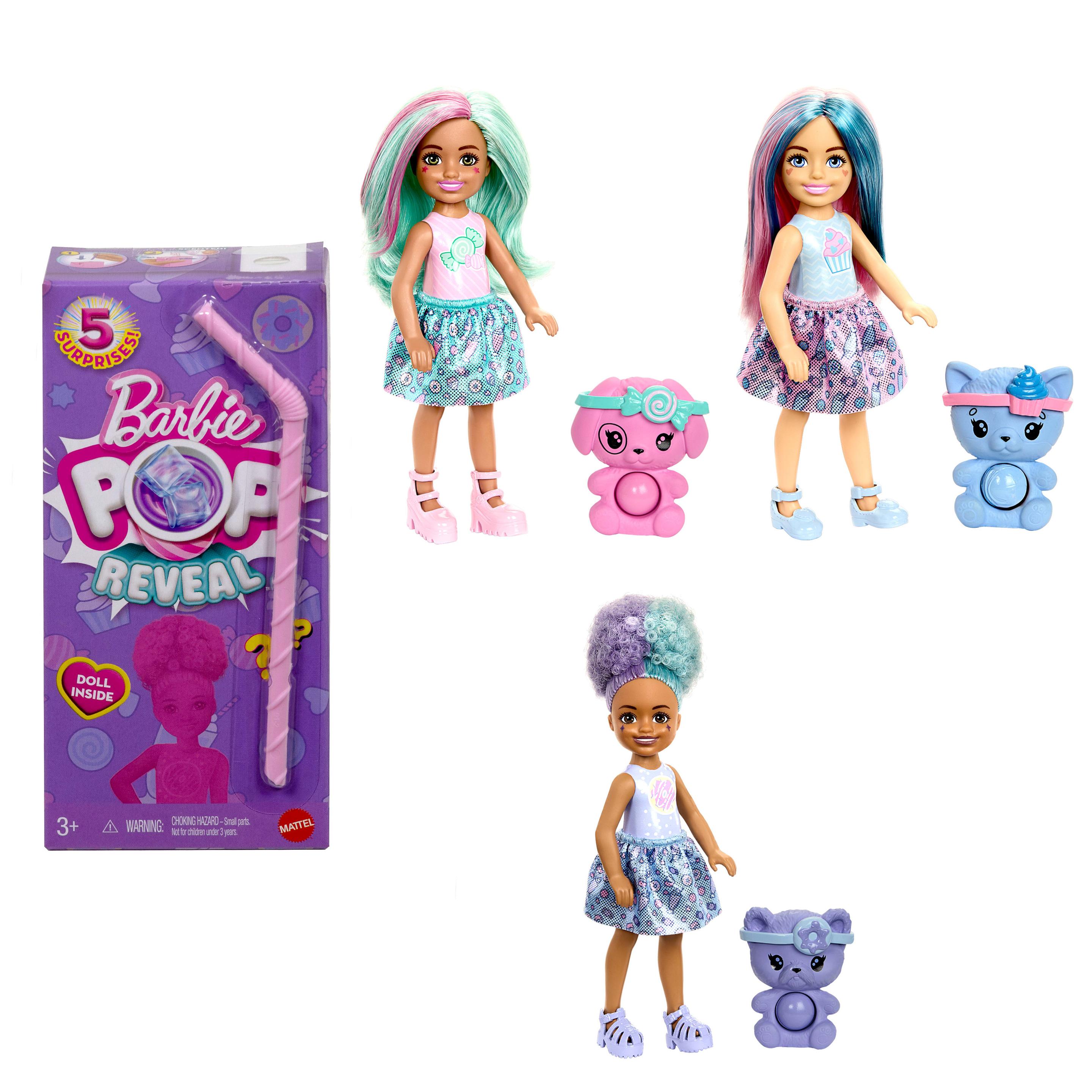 Barbie Chelsea Pop Reveal Treat-Serie, Puppe mit 5 Überraschungen, mit Duft und Haustier (Stile können abweichen)