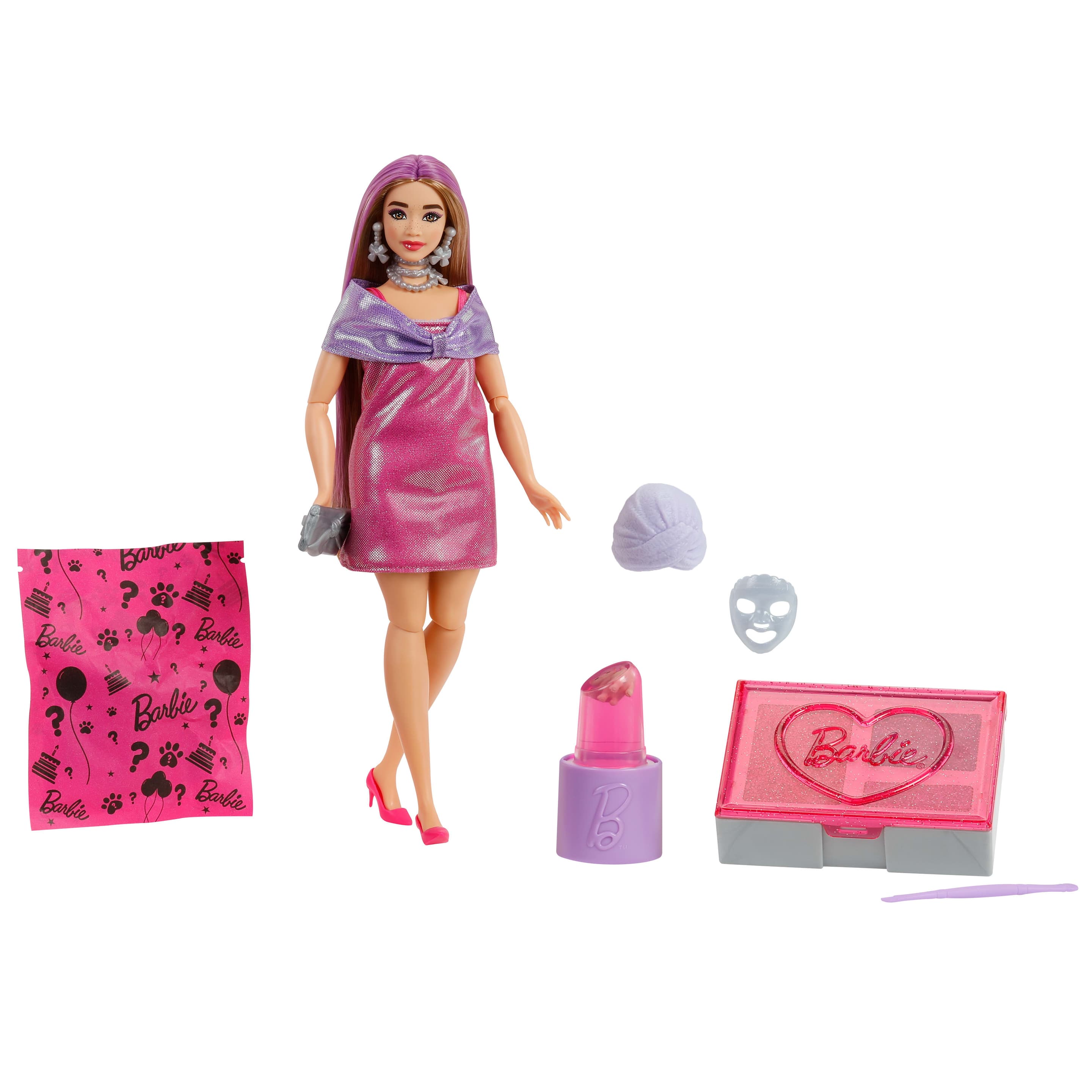 Barbie Party Unboxed Glam Party Serie pinke glitzernde Puppe und Accessoires mit 10 Überraschungen
