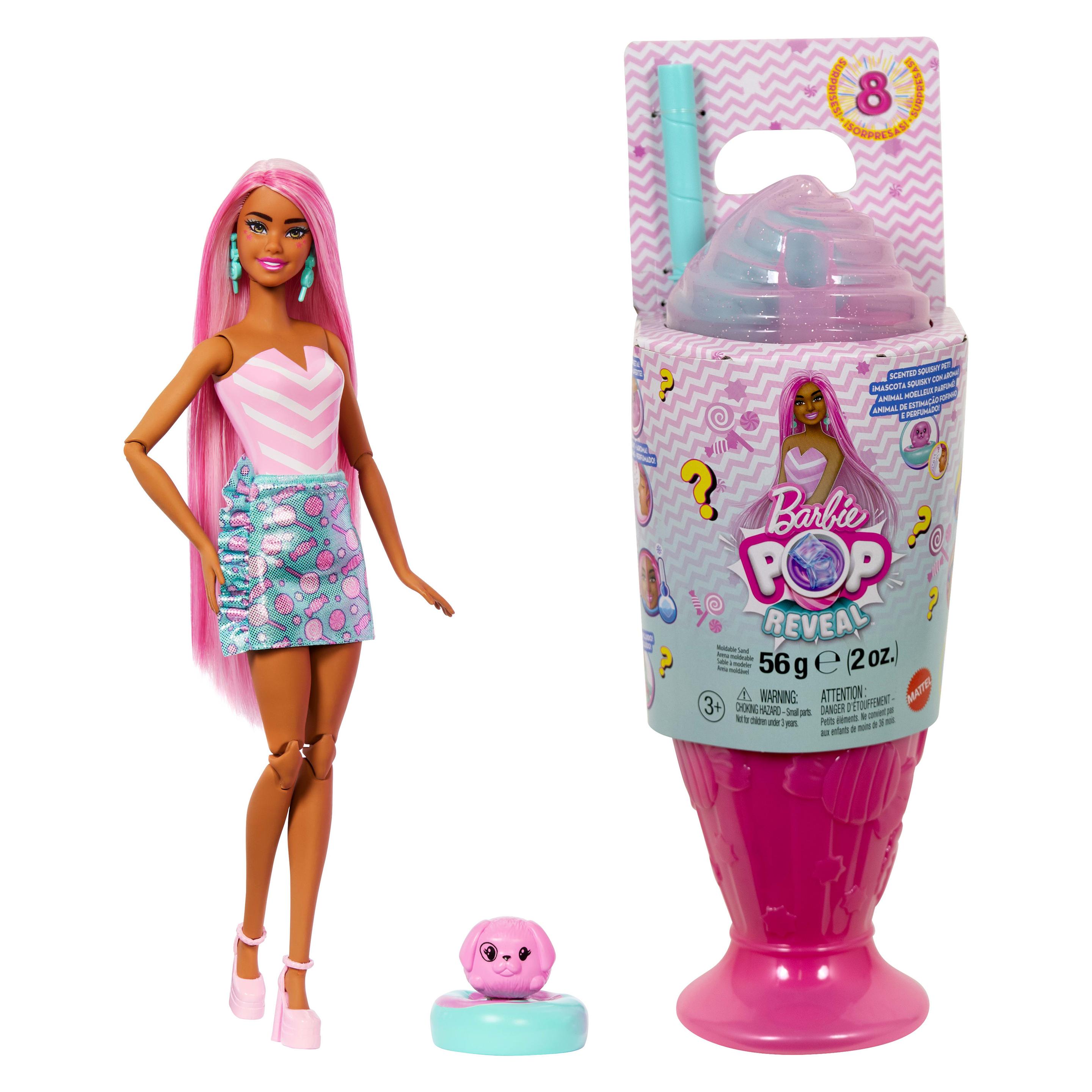 Barbie Pop Reveal Treat-Serie Set aus Puppe und Zubehör, Sweet Swirl Modepuppe mit Haustier