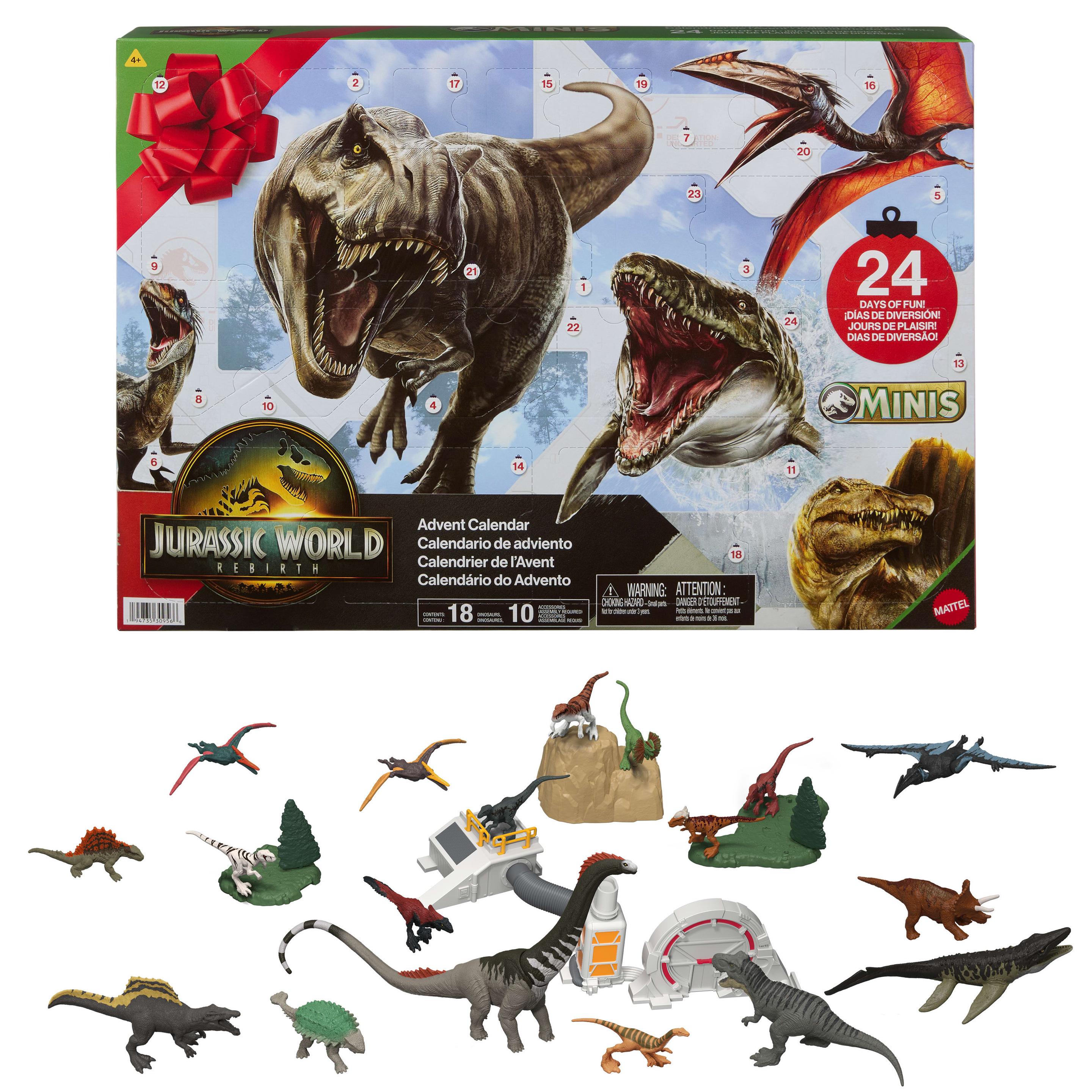 Jurassic World Rebirth Adventskalender mit 24 Tagen voller Dinosaurier-Überraschungen, 18 Dinos.