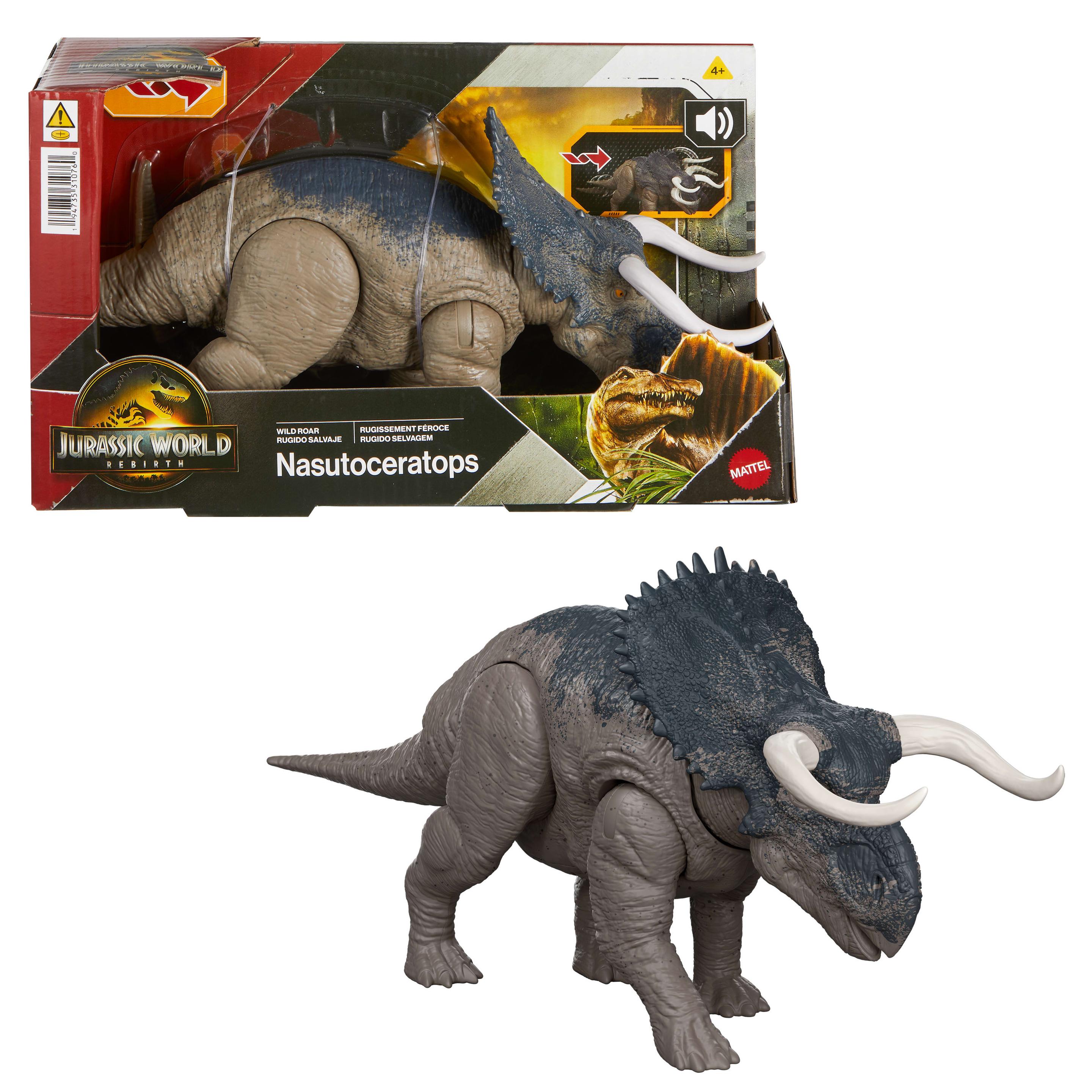 Jurassic World: Die Wiedergeburt Wild Roar Nasutoceratops Dinosaurierspielzeug mit schwanzgesteuertem Beiß-Angriff und Brüllgeräusch