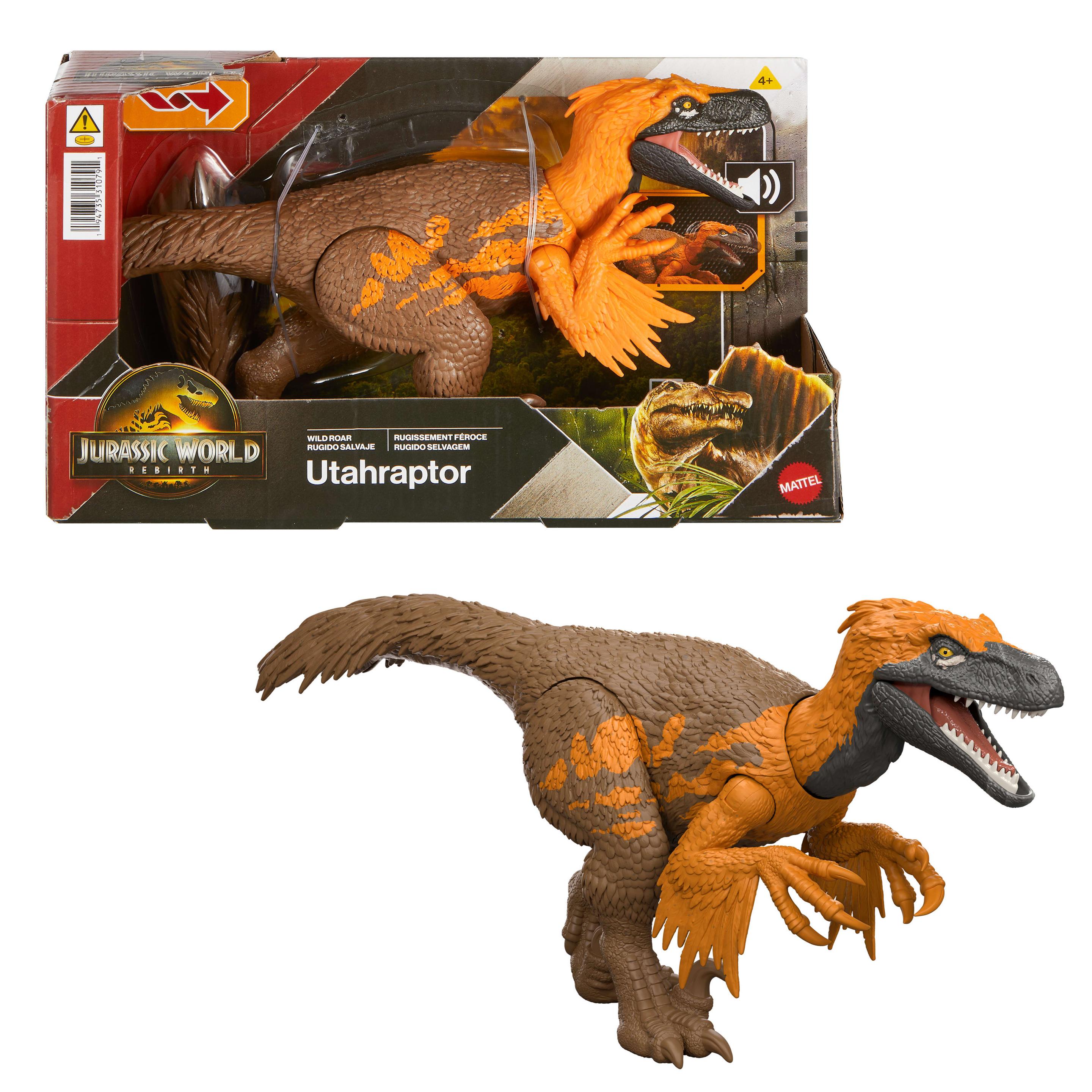 Jurassic World: Die Wiedergeburt Wild Roar Utahraptor Dinosaurierspielzeug mit schwanzgesteuertem Beiß-Angriff und Brüllgeräusch