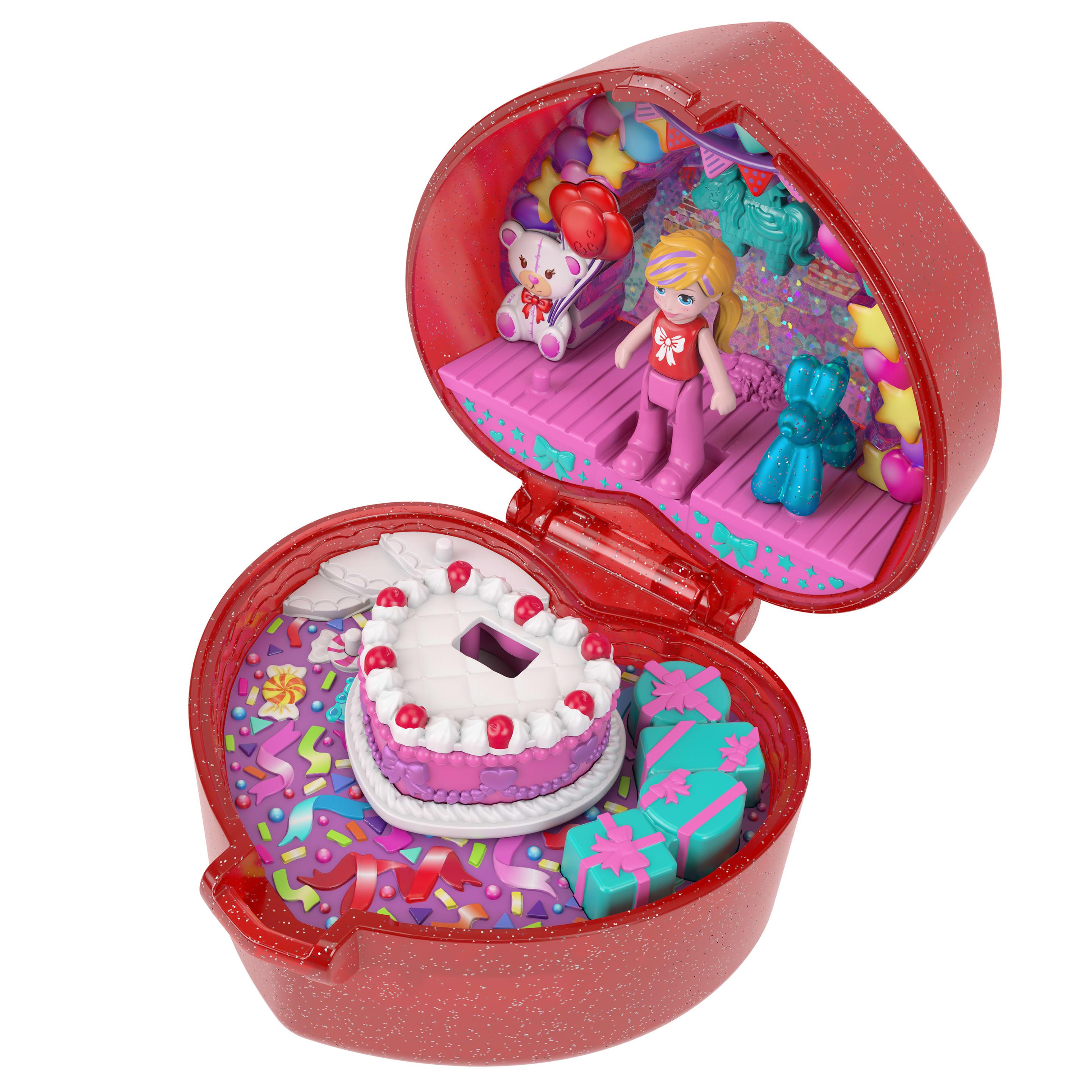 Polly Pocket Puppe und Spielset, Ringetui zum 80. Jubiläum von Mattel, Schmuckkästchen mit Haustier und Ring, Thema Feierspaß