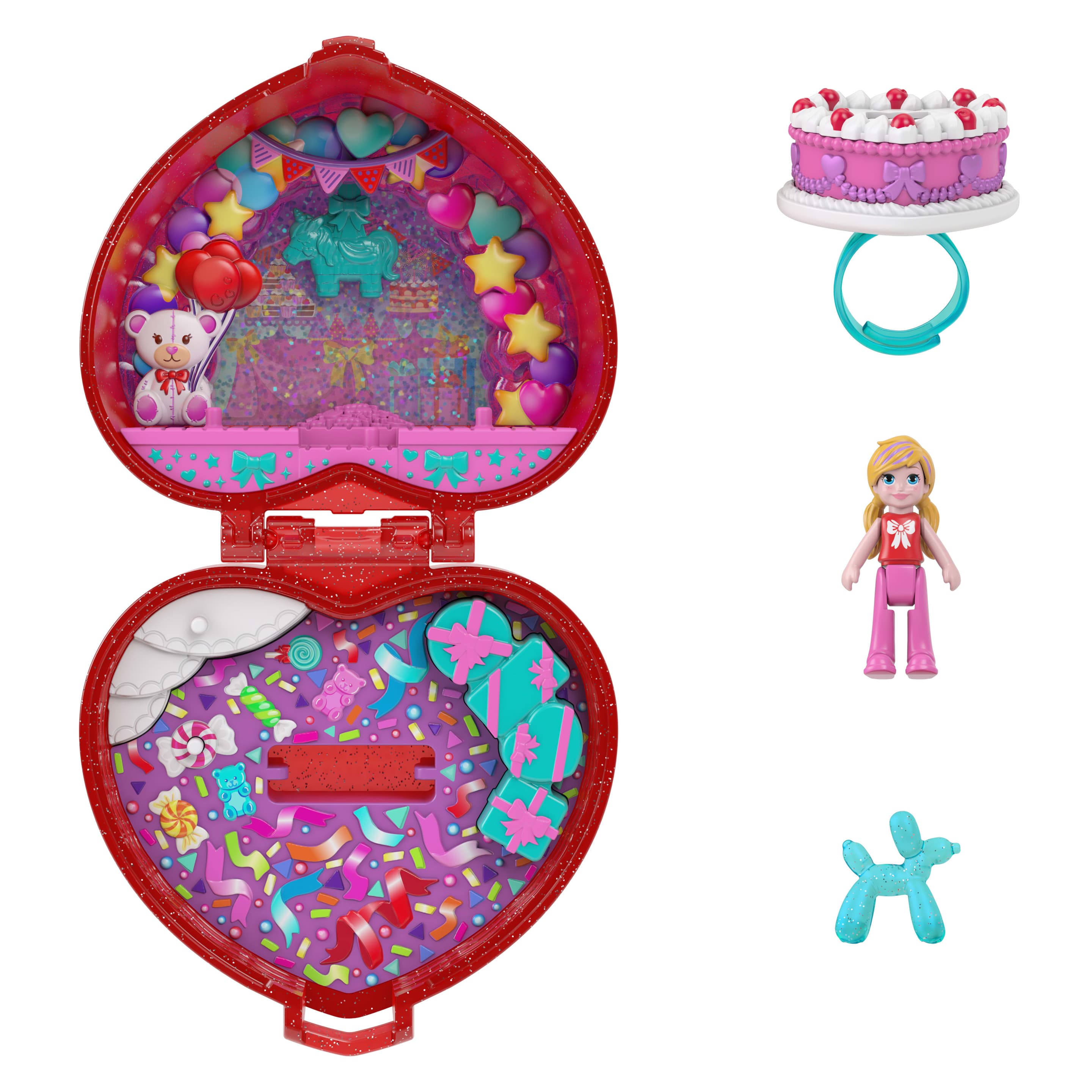 Produktbild Polly Pocket Puppe und Spielset, Ringetui zum 80. Jubiläum von Mattel, Schmuckkästchen mit Haustier und Ring, Thema Feierspaß 6 von 6
