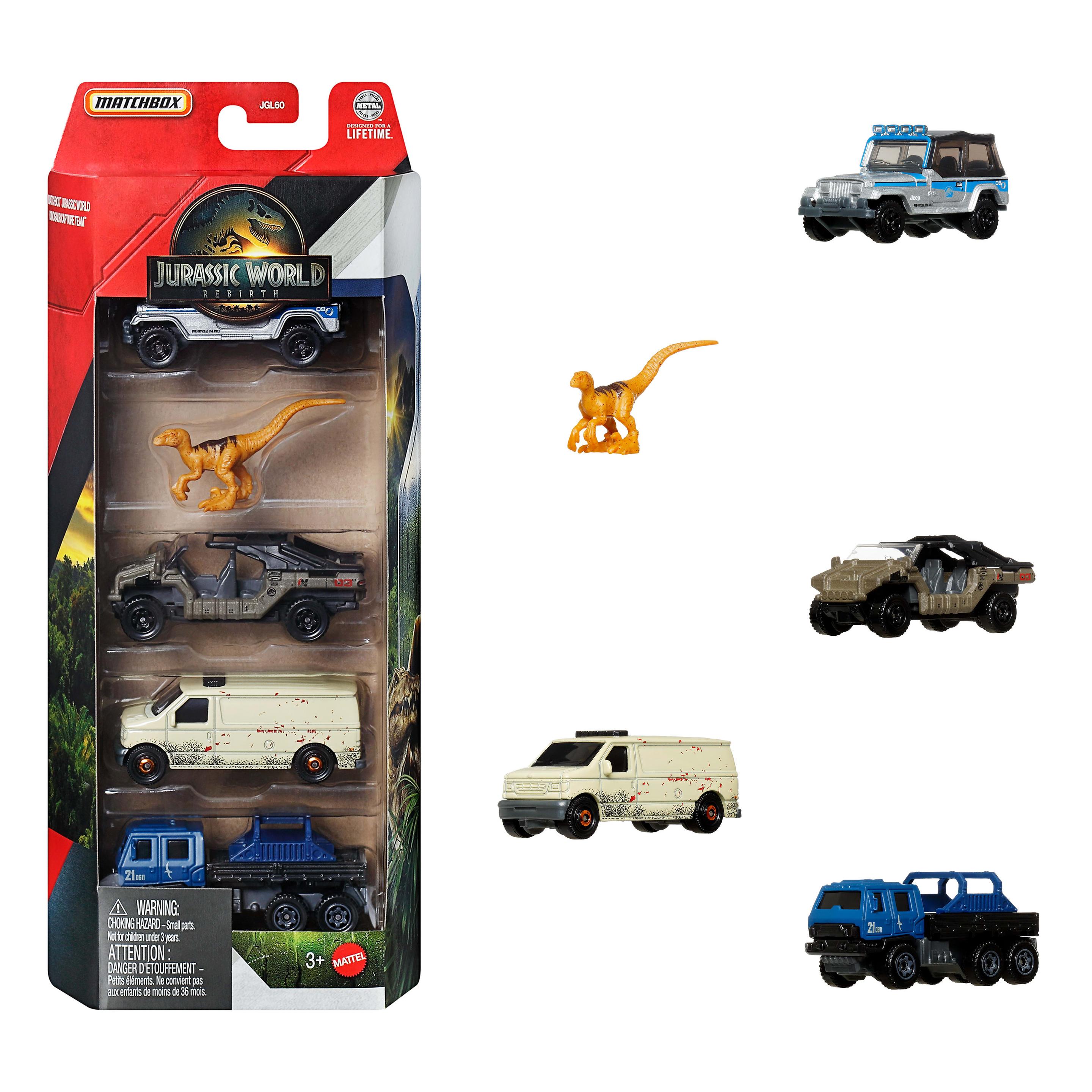 Matchbox Jurassic World 5er-Pack, 4 Die-Cast-Spielzeugautos im Maßstab 1:64 mit 1 Dinosaurier (Stile können abweichen)