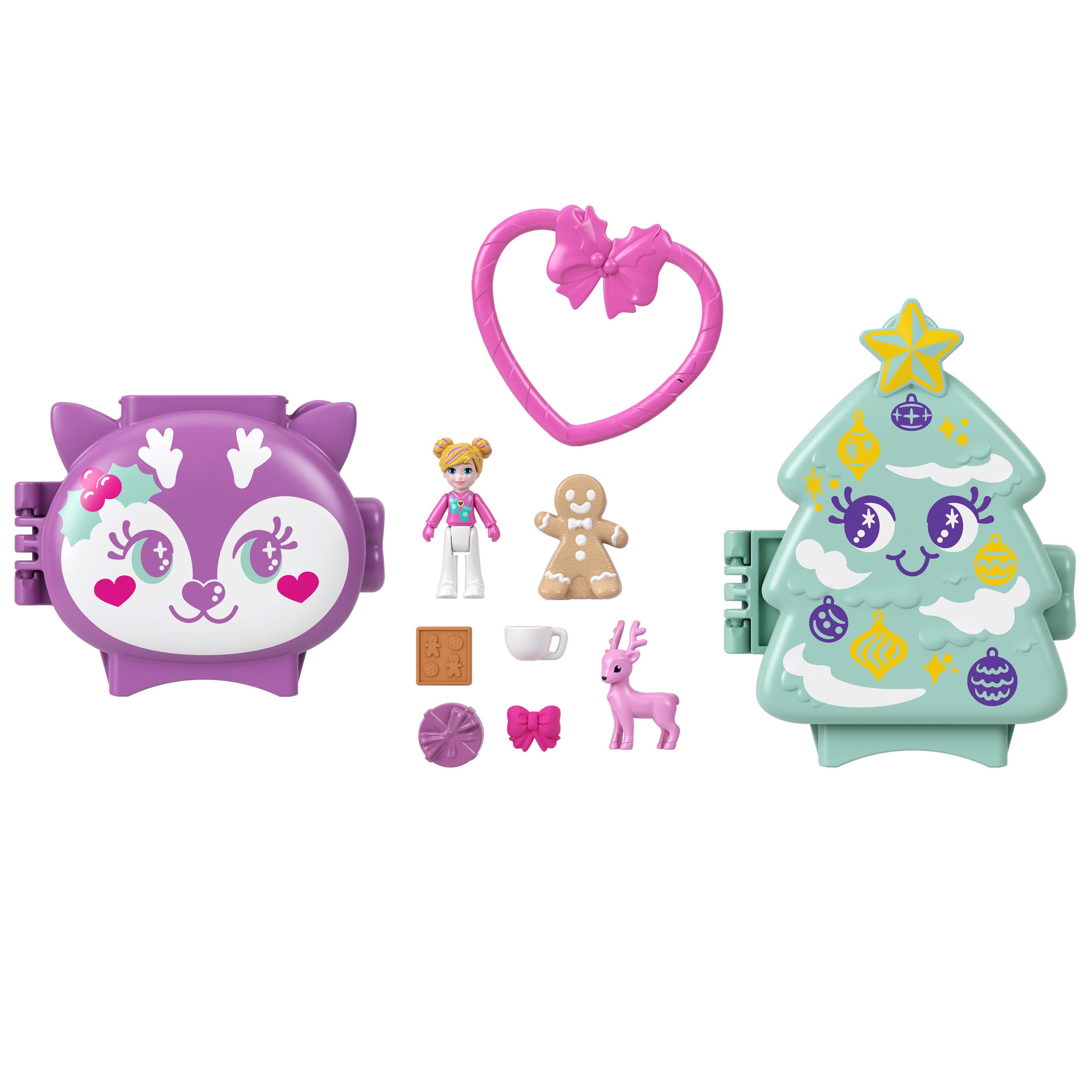 Polly Pocket Feiertags-Schatullen Geschenkset, stapelbares Schatullen-Spielset mit Minipuppe, Zubehör und Haustier