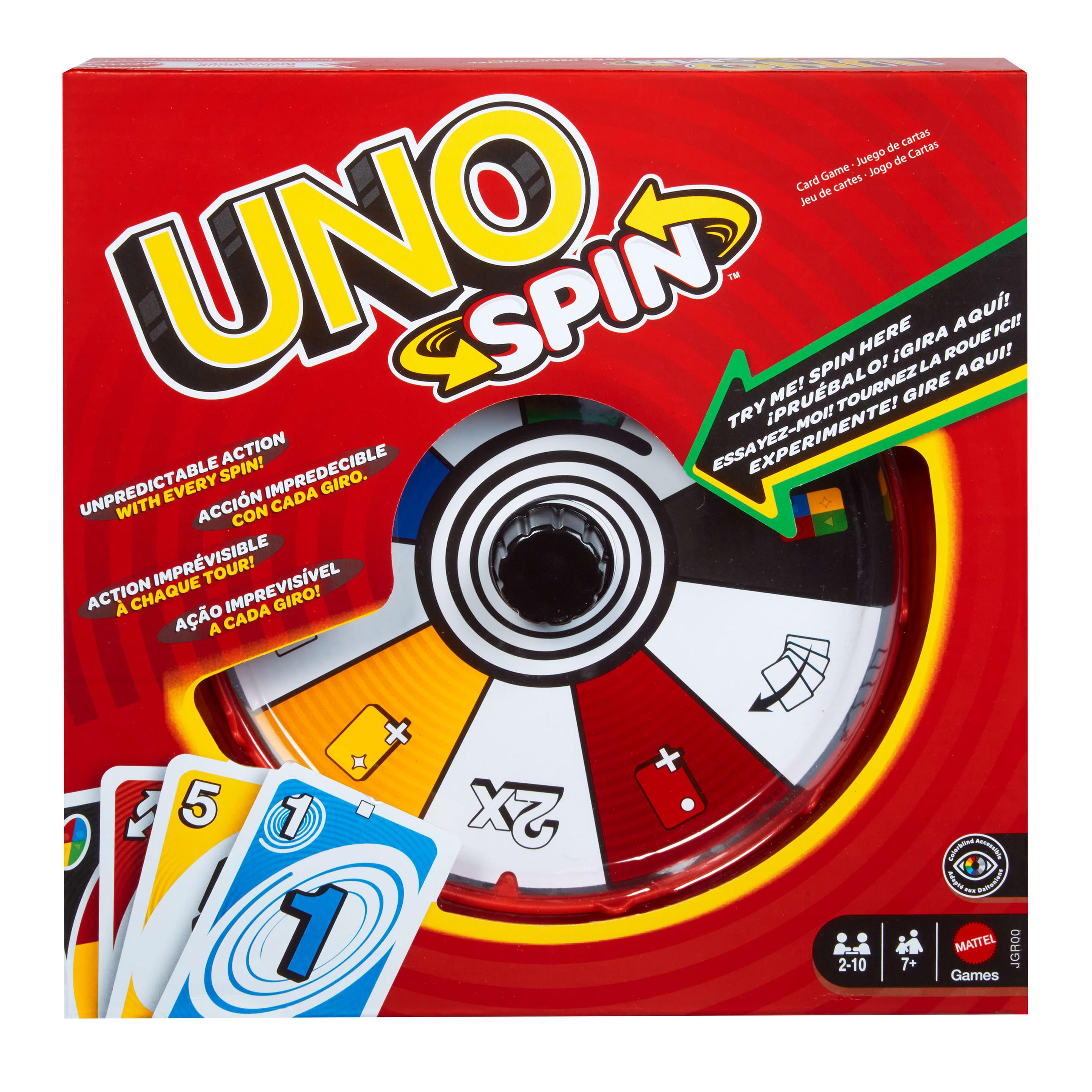 UNO Spin Kartenspiel für Kinder, Erwachsene und Spieleabende mit der Familie, klassisches Spiel mit Drehscheibe