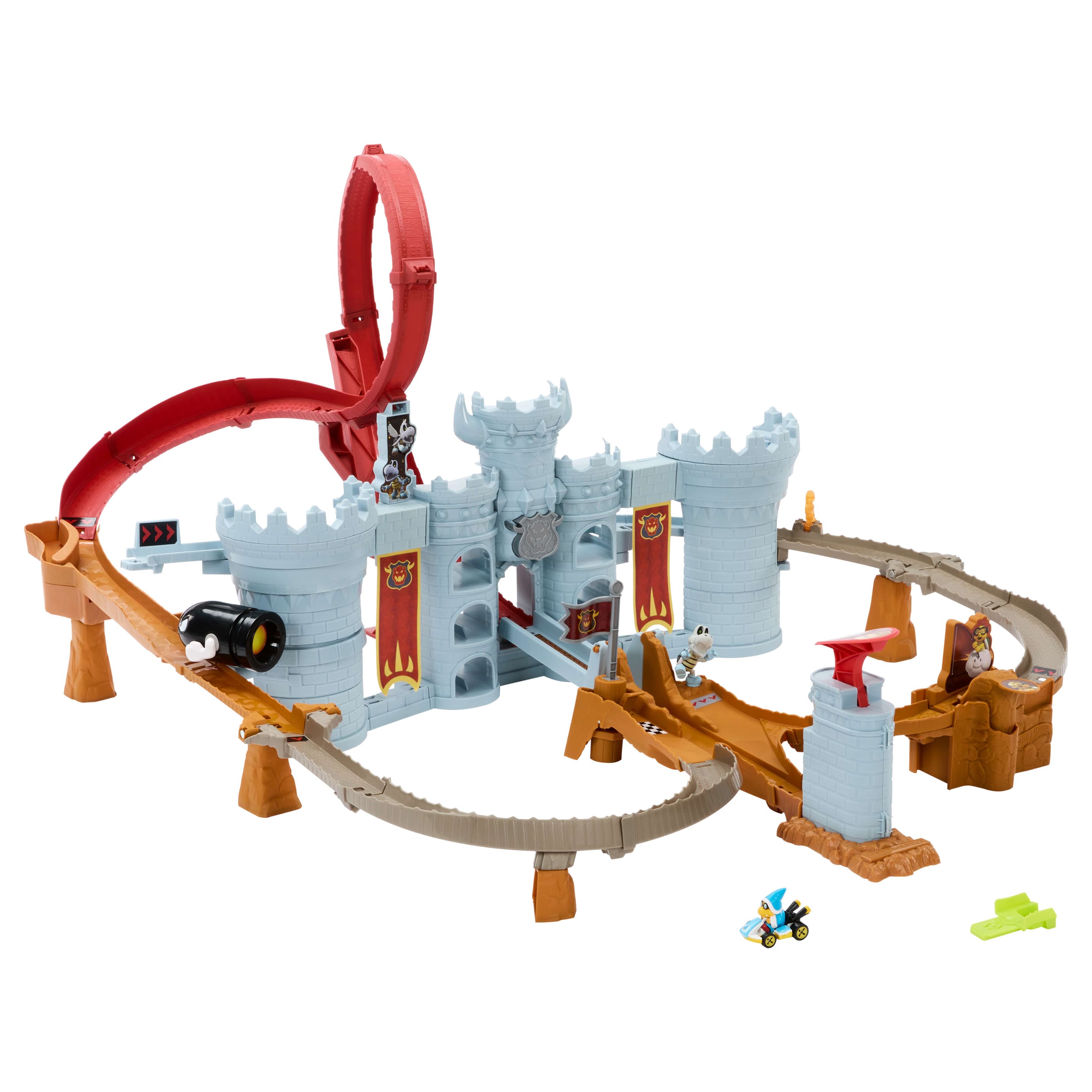Hot Wheels Mario Kart Bowsers Festung Trackset mit Die-Cast-Kamek Spielzeugfahrzeug im Maßstab 1:64 und Platz zur Aufbewahrung
