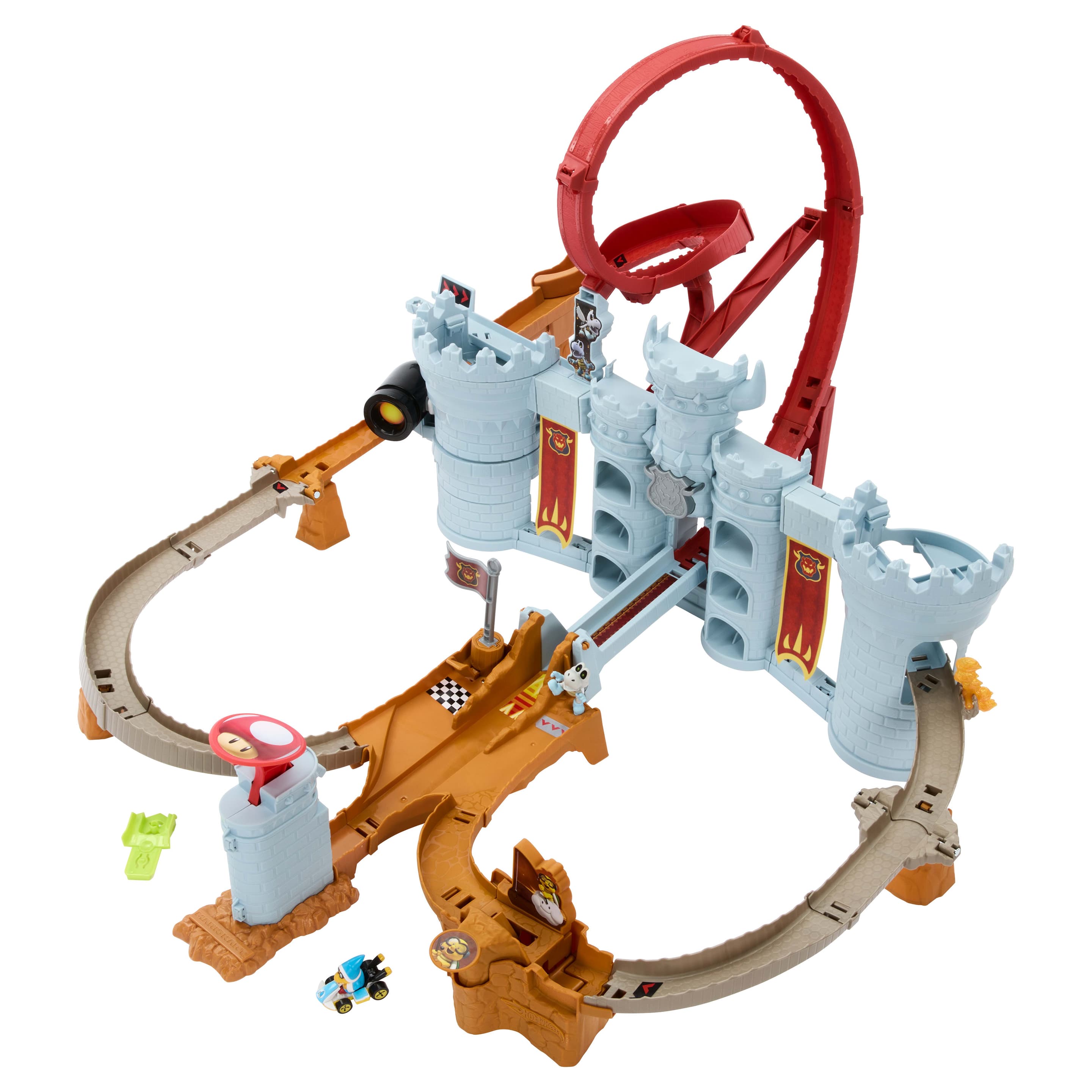 Produktbild Hot Wheels Mario Kart Bowsers Festung Trackset mit Die-Cast-Kamek Spielzeugfahrzeug im Maßstab 1:64 und Platz zur Aufbewahrung 3 von 3