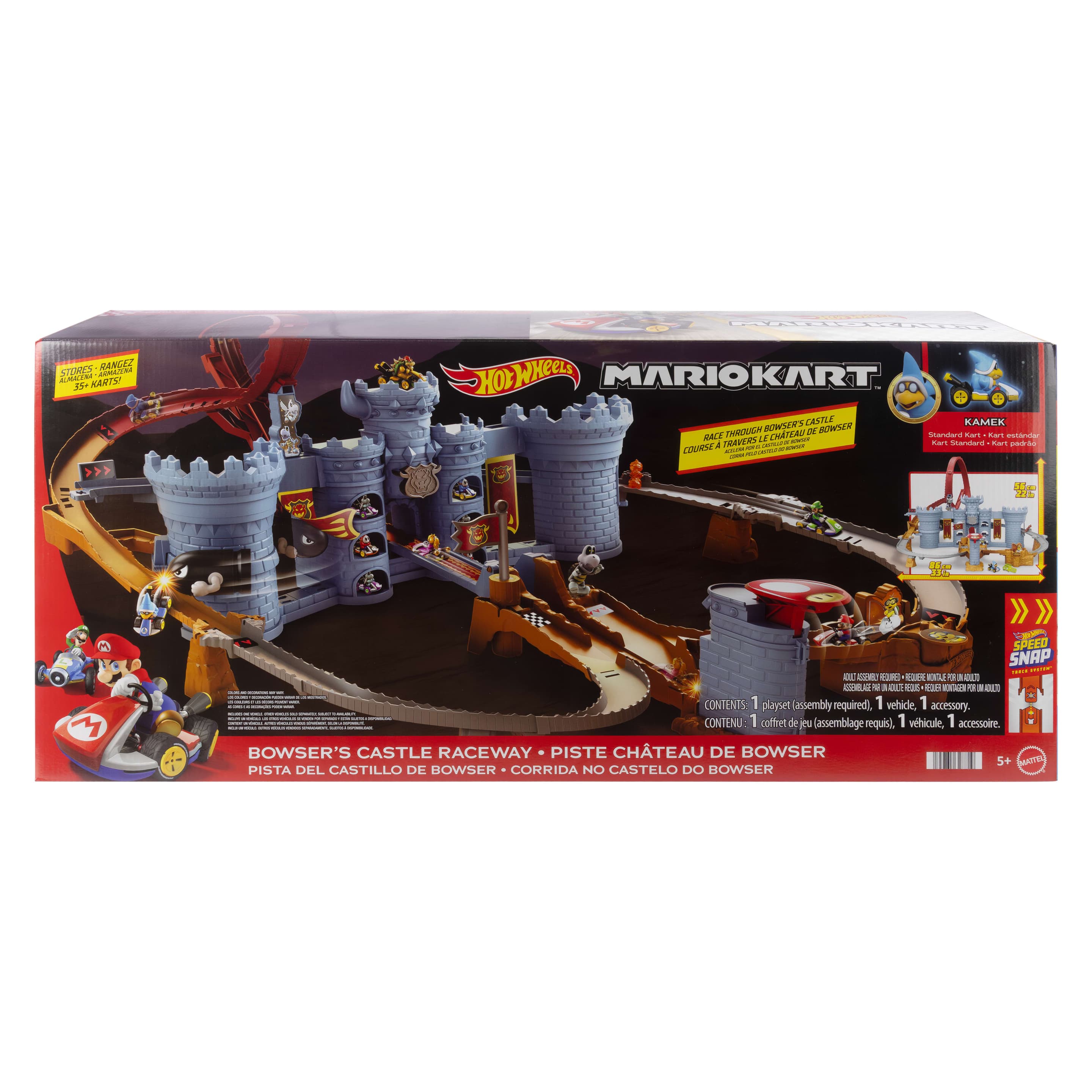 Produktbild Hot Wheels Mario Kart Bowsers Festung Trackset mit Die-Cast-Kamek Spielzeugfahrzeug im Maßstab 1:64 und Platz zur Aufbewahrung 2 von 3