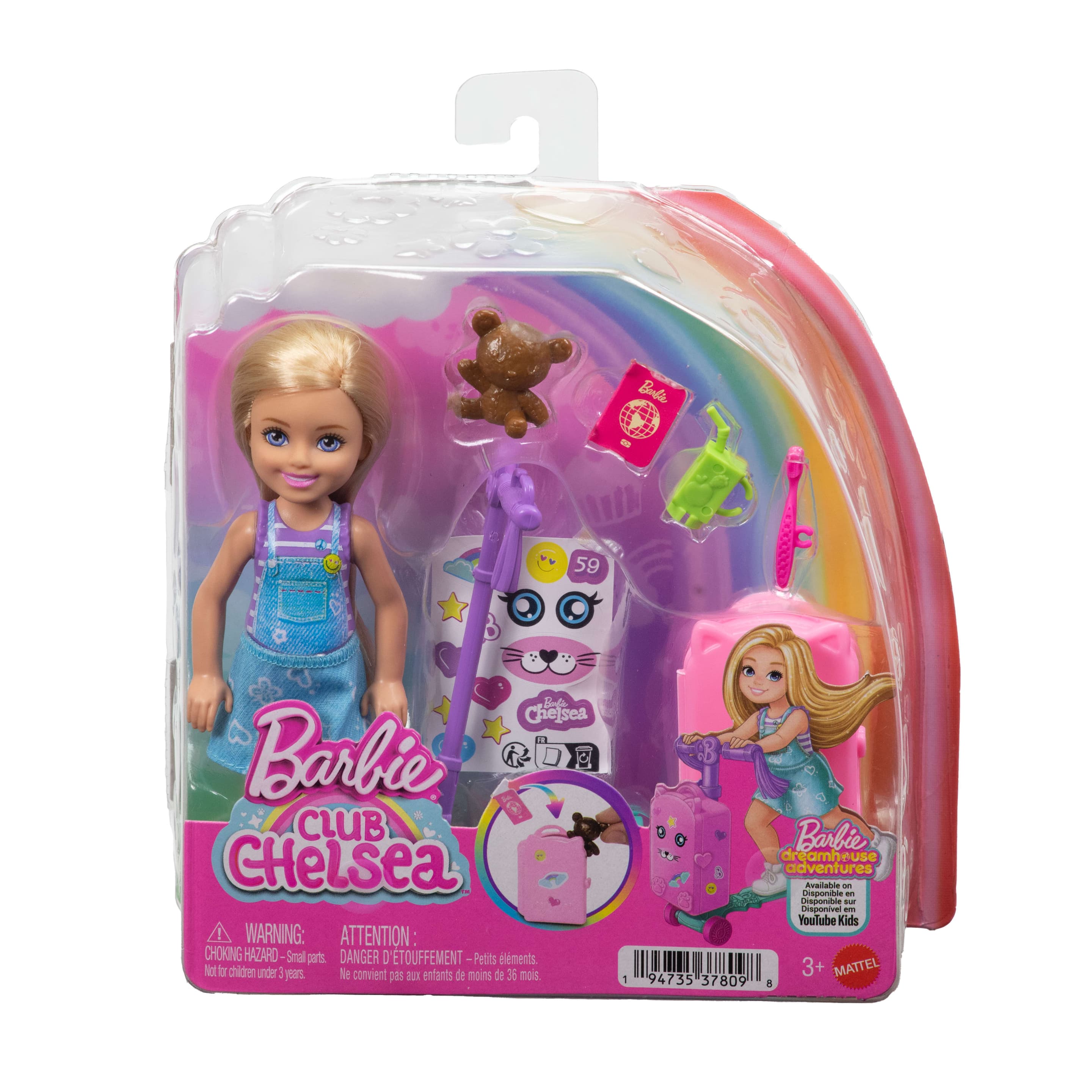 BARBIE Chelsea-Puppe aus der „Grenzenlose Abenteuer“-Reihe, Roller mit Koffer und Zubehörteile