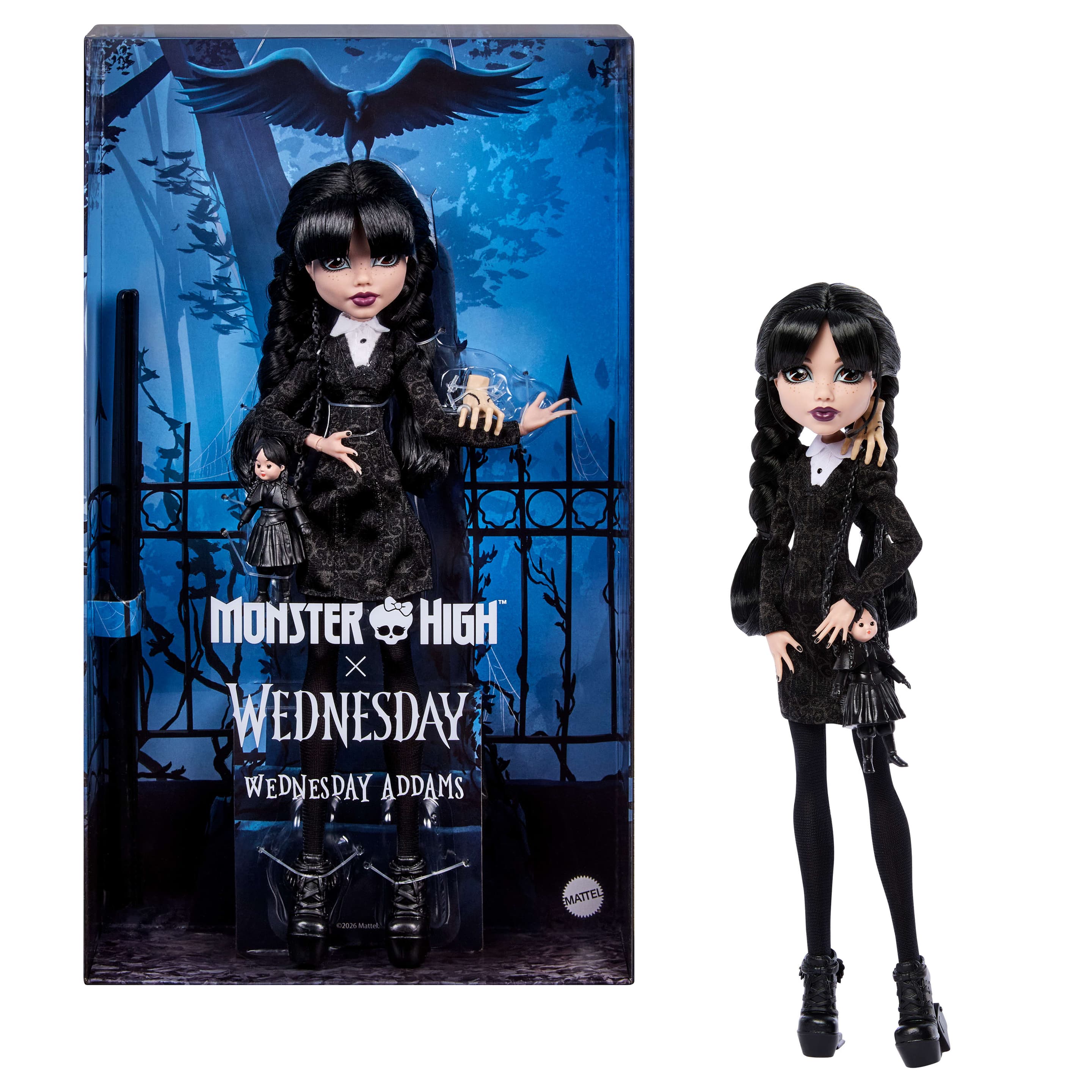 Monster High x Wednesday Sammelpuppe, Wednesday Addams mit schwarzem Kleid und Eiskaltem Händchen