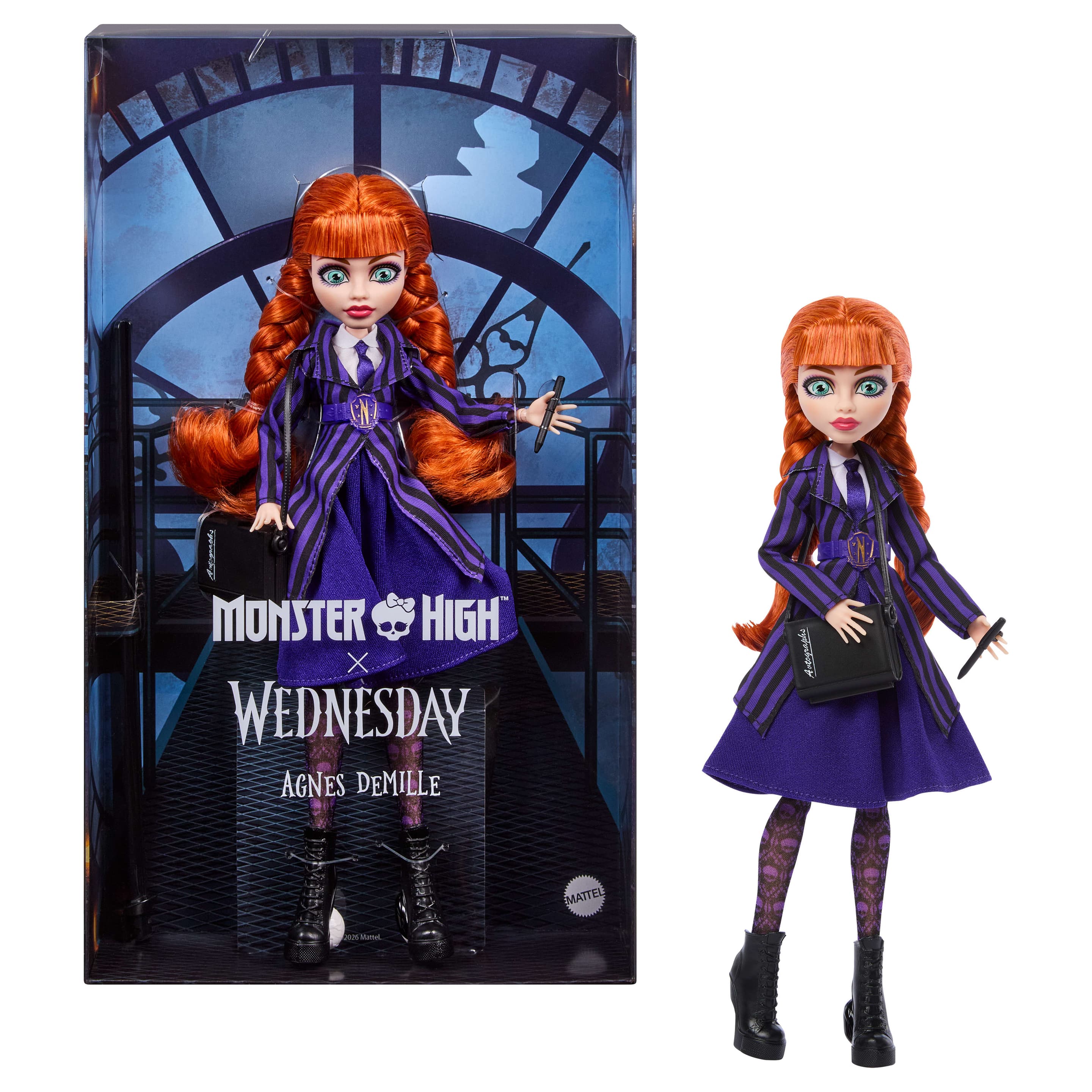 Monster High x Wednesday Sammelpuppe, Agnes DeMille mit violetter Uniform und Zubehör