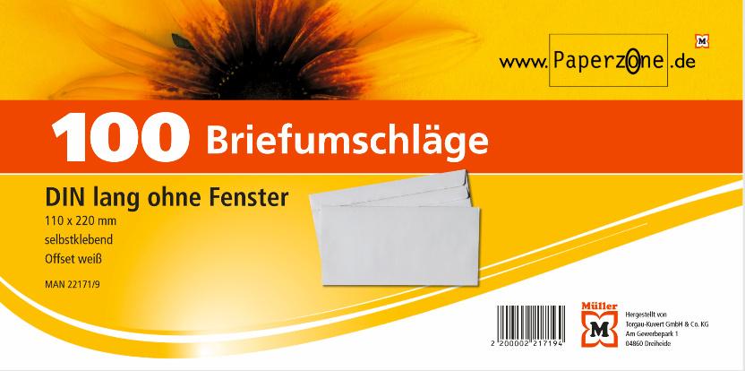 PAPERZONE Briefumschlag ohne Fenster DIN lang selbstklebend weiss 100Stück