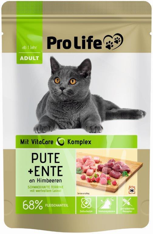 Pro Life Katze Katzennassfutter - Terrine mit Pute und Ente an Himbeeren
